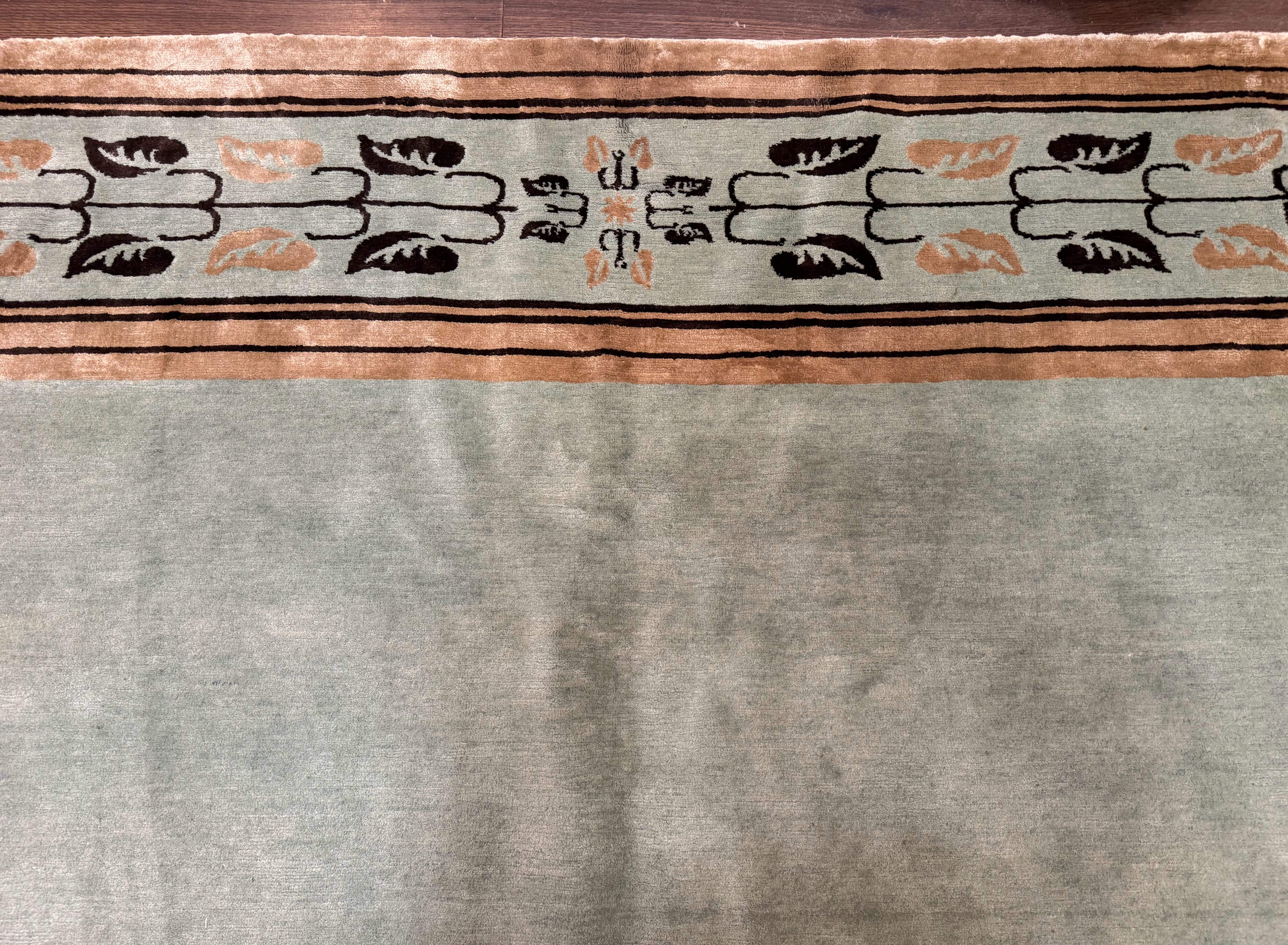 Palace Size Nepali Rug 9x18, Open Field, Light Mint Green, Wool Hand Knotted, Modern Contemporary - Jewel Rugs