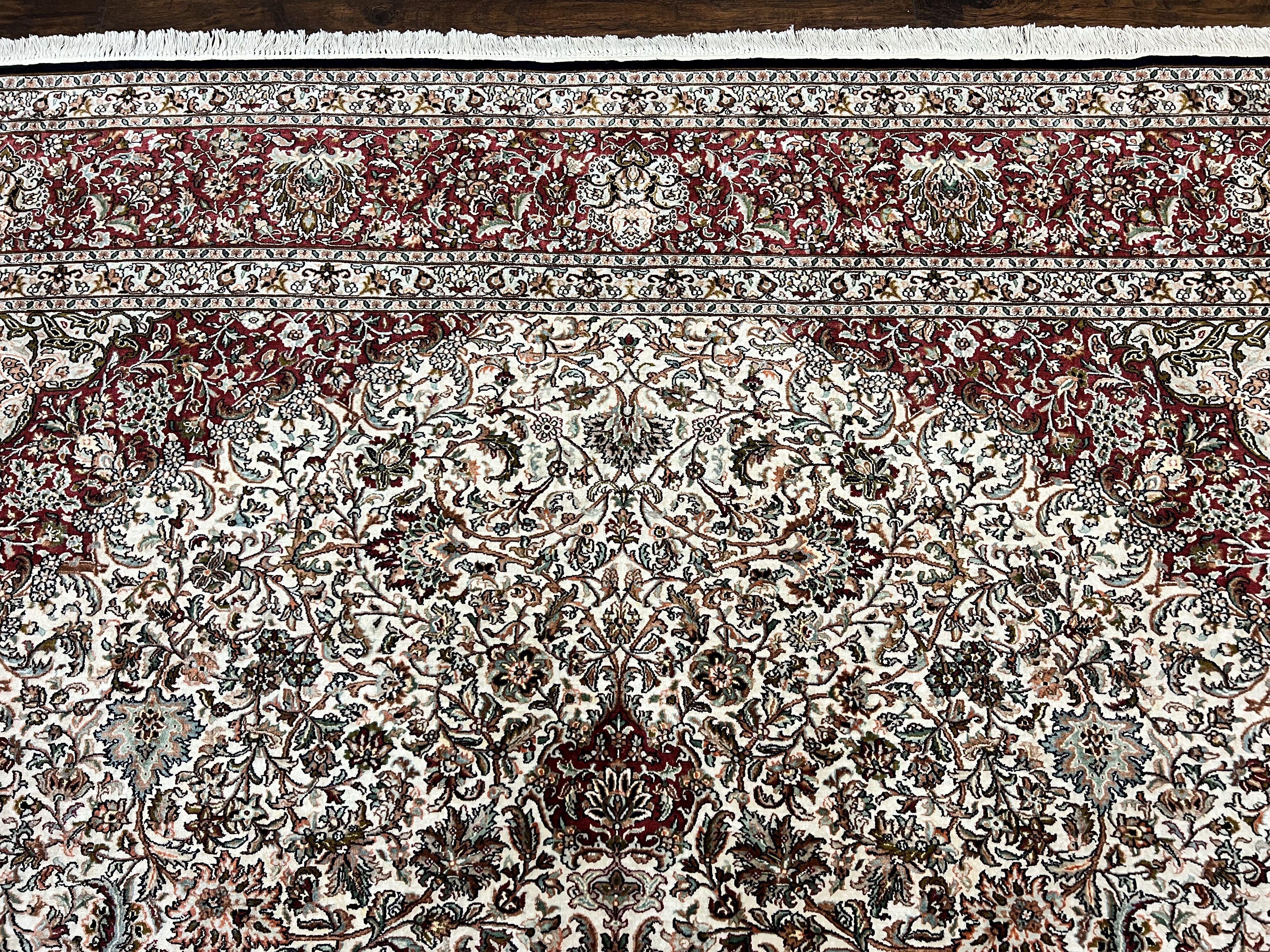 Silk Indian Kashmiri Rug 9 x 11 ft, Room Sized Silk Vintage Indo Persian Handmade Hand Knotted Fine Oriental Carpet, Ivory and Maroon - Jewel Rugs