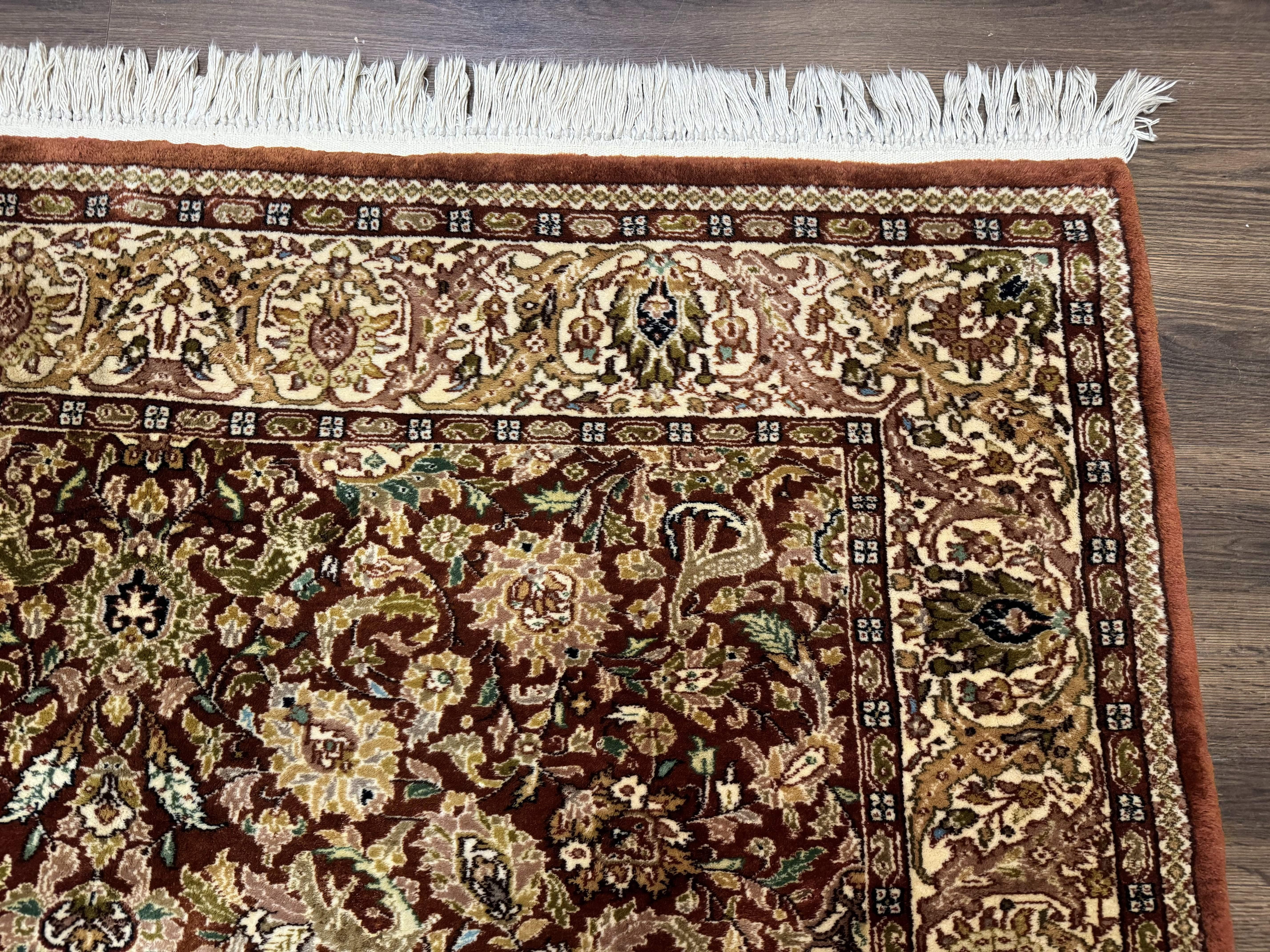 Tree of Life Indian Kashmiri Rug 6x9, Rust Red and Cream, Animal Pictorials, Fine 290 KPSI - Jewel Rugs