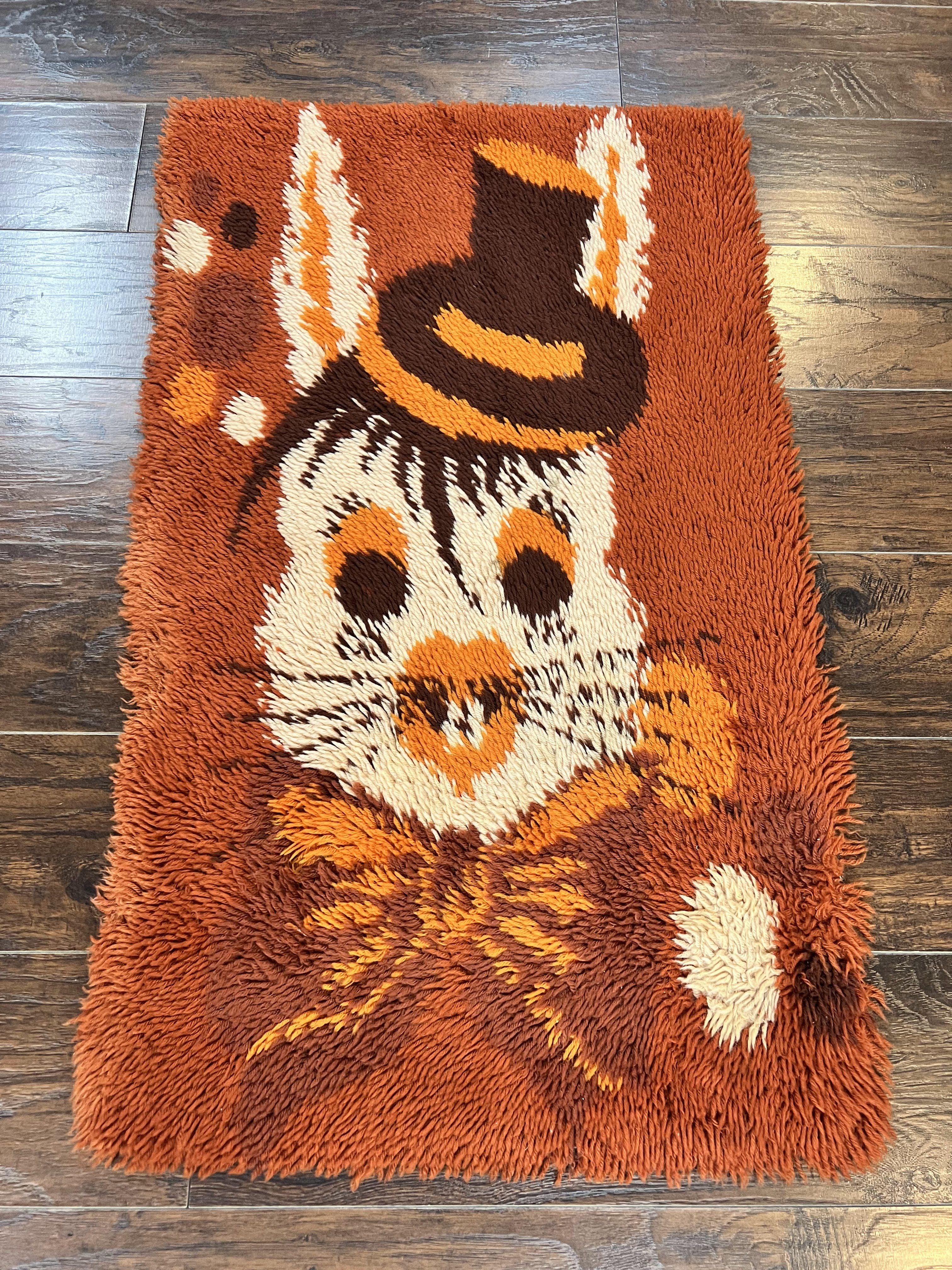 Rya Shag Rug 2x4, Rabbit in Top Hat, Wool, Orange, Vintage 1960s Danish Shag Rug - Jewel Rugs