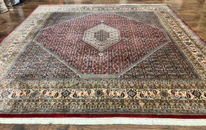 Square Indo Persian Bidjar Rug 10x10, Red, Handmade Vintage Wool Carpet