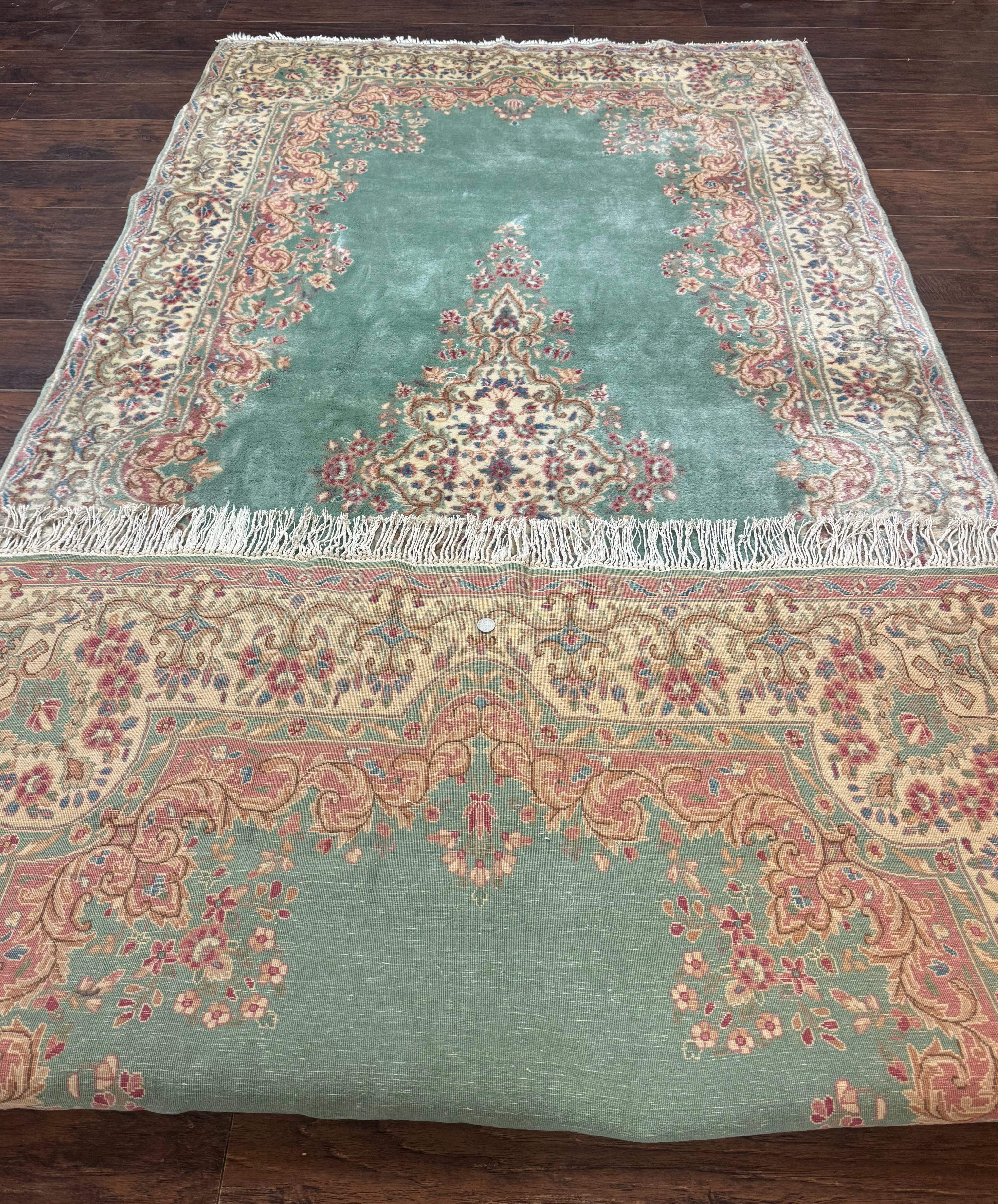 Persian Kerman Wide Runner Rug 5x11 – Seafoam Green and Beige, Wool Vintage Carpet - Jewel Rugs