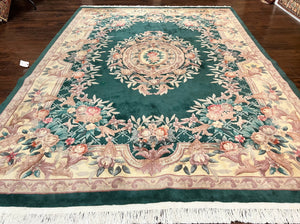 Chinese Wool Rug 9x11, Chinese Aubusson Carpet 9 x 11, Green and Cream, 120 Line, Handmade Room Sized Plush Pile, Vintage Rug