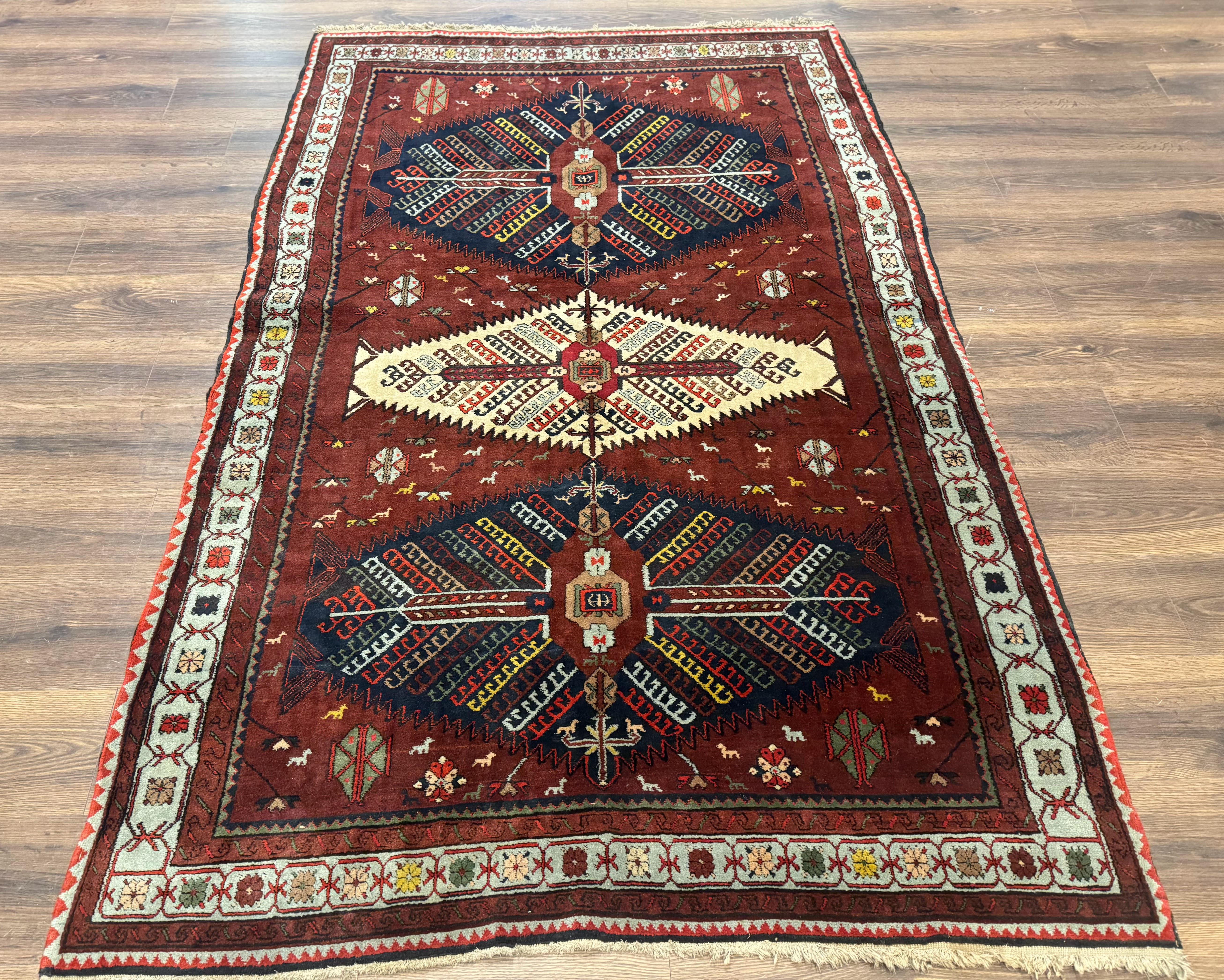 Antique Persian Tribal Rug 5 x 7.8, Triple Medallions, Red, Persian Afshar Rug - Jewel Rugs