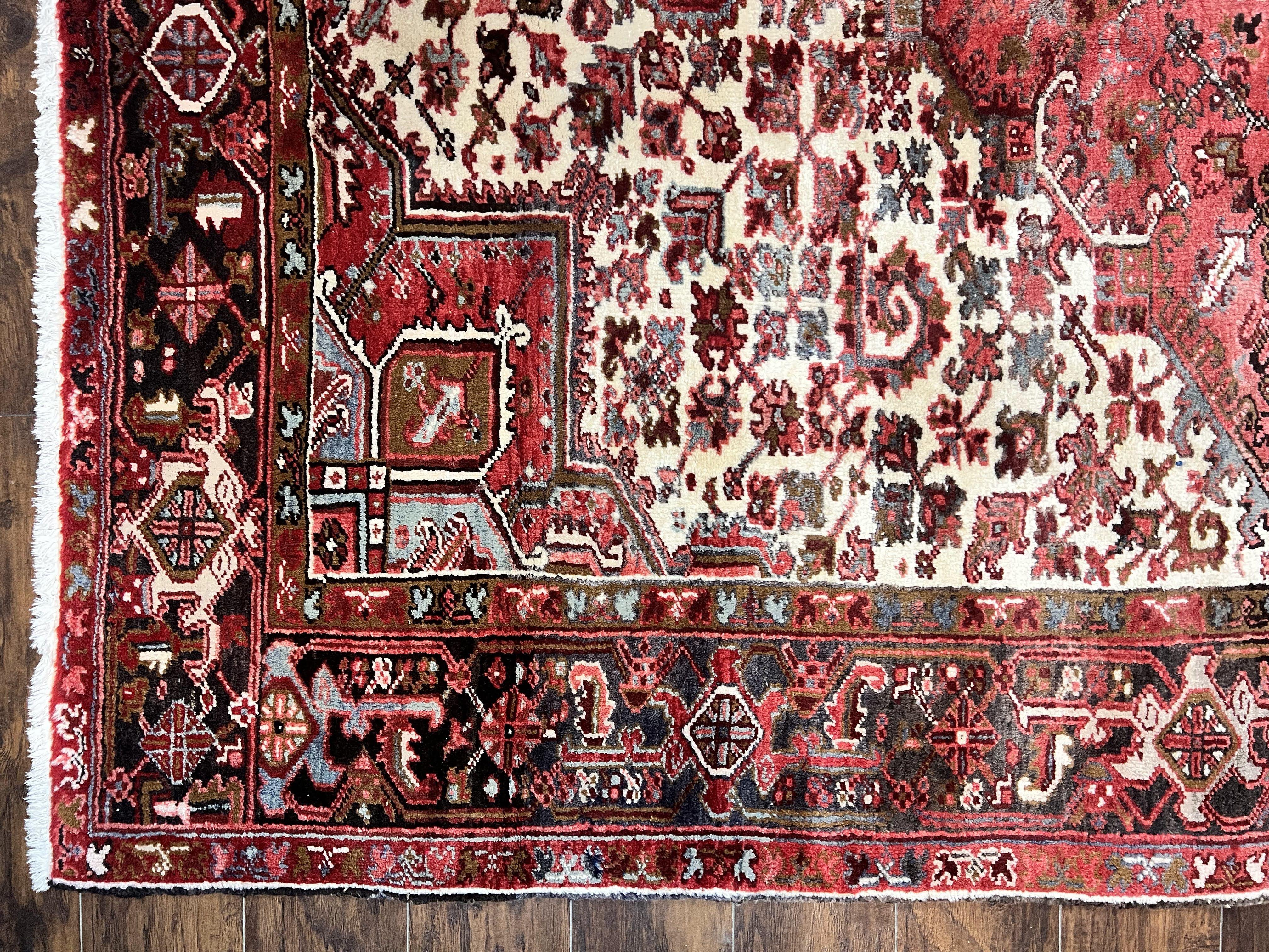 Large Persian Heriz Rug 10x13, Red and Cream Geometric Tribal Room Sized Handmade Wool Hand Knotted Semi Antique Decorative Oriental Carpet - Jewel Rugs