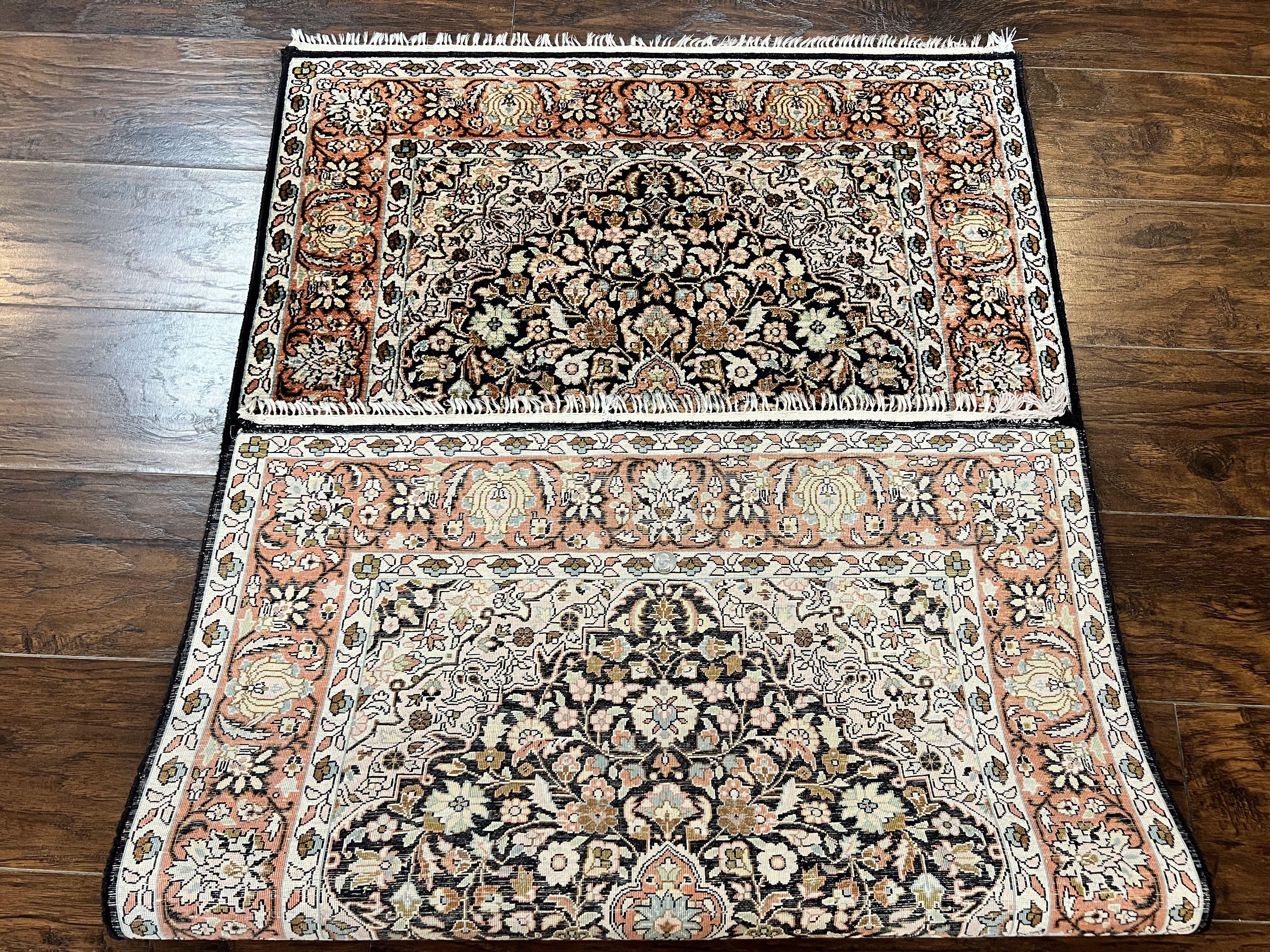 Silk Indian Kashmiri Rug 3x5, Indo Persian Silk on Silk Carpet, Very Fine 350 KPSI, Navy Blue, Handmade, Floral Medallion - Jewel Rugs