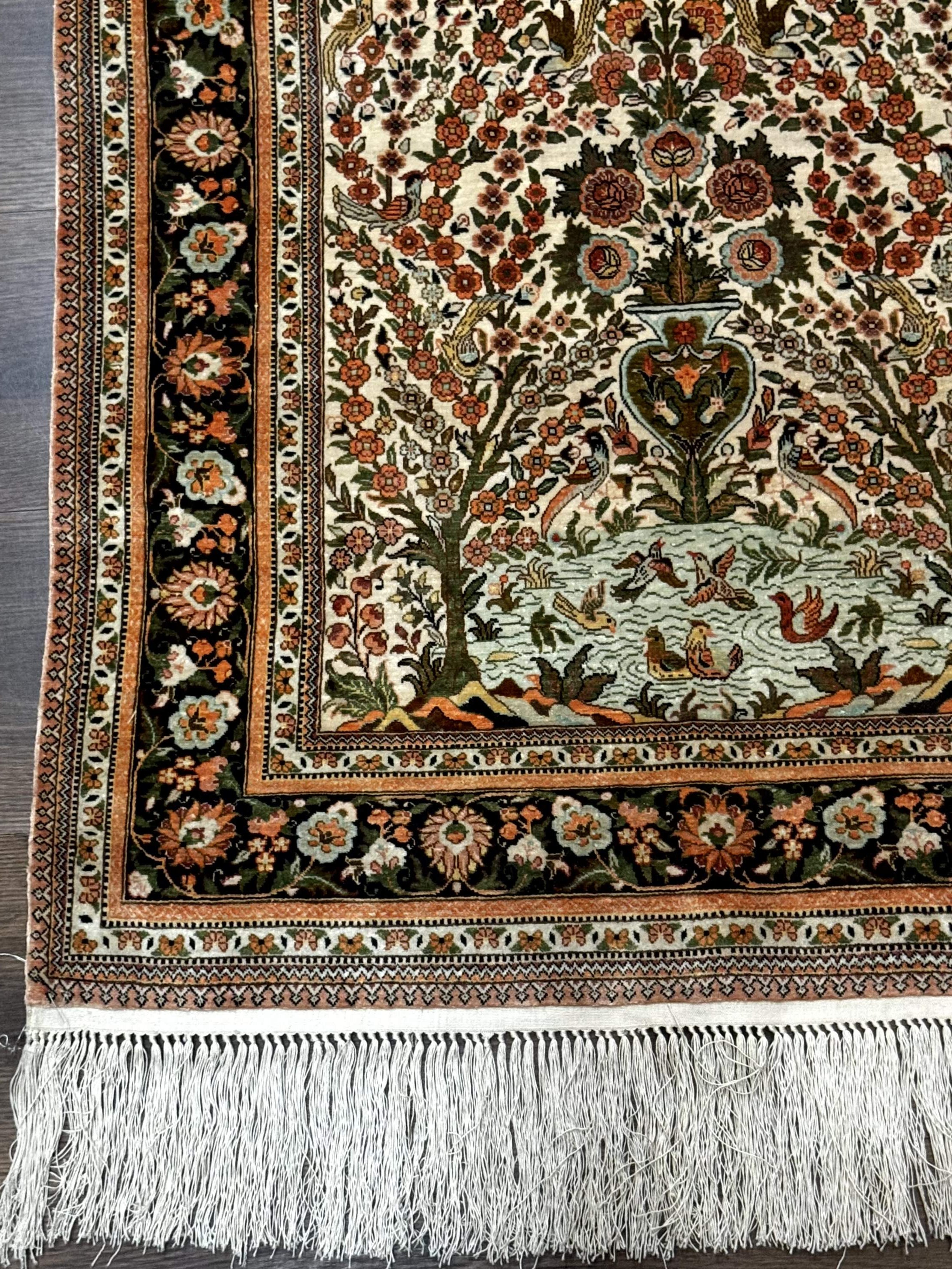Exceptional Silk Rug 2.6 x 4, Very Fine 630 KPSI, Persian Vase Tree of Life Bird Pictorials, Handmade - Jewel Rugs