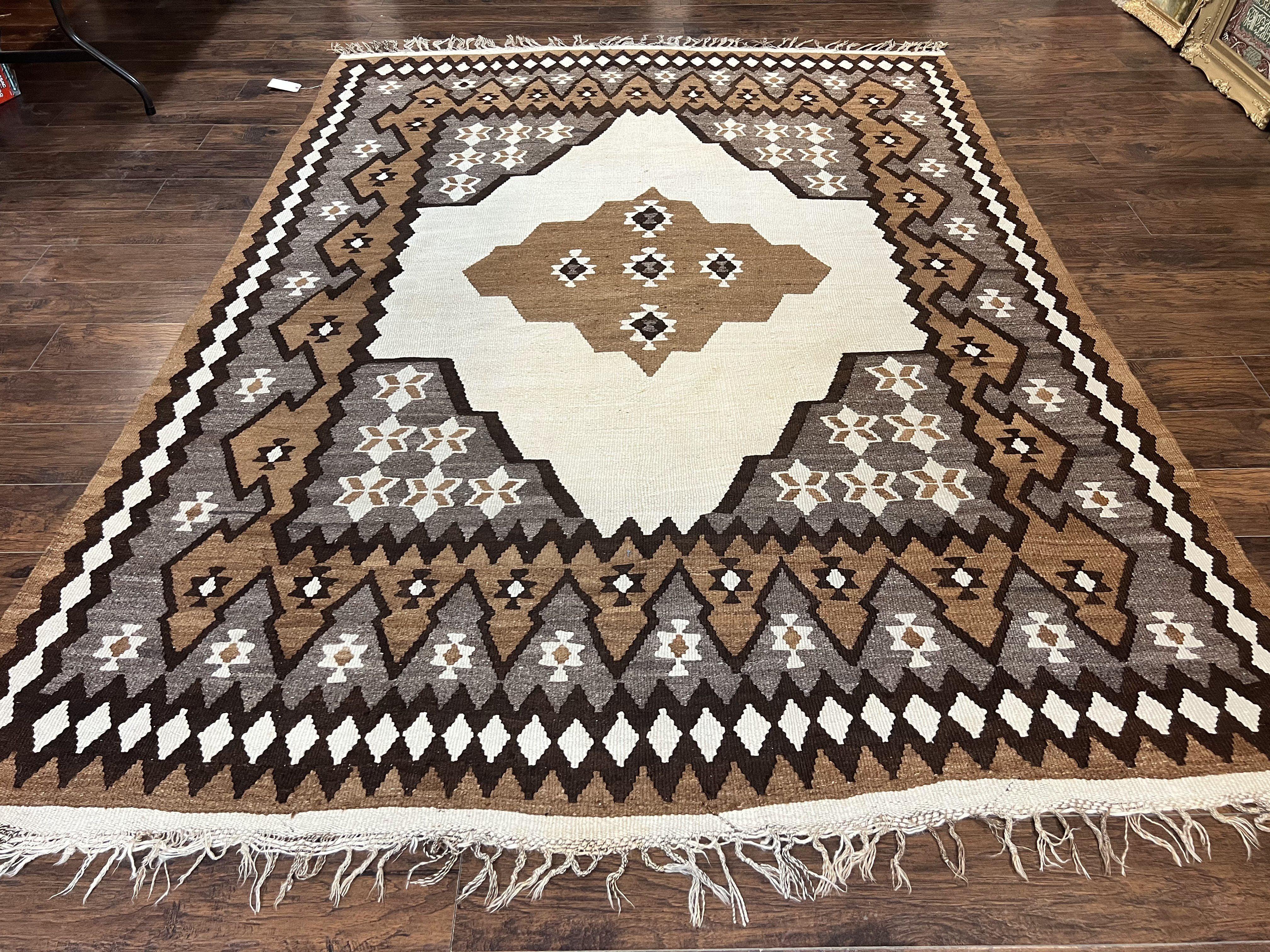 Antique Persian Fars Kilim Rug 8x11, Wool, Boho Tribal Persian Shiraz Flatweave Carpet, Semi Open Field, Geometric, Handmade, Vintage Semi Antique - Jewel Rugs