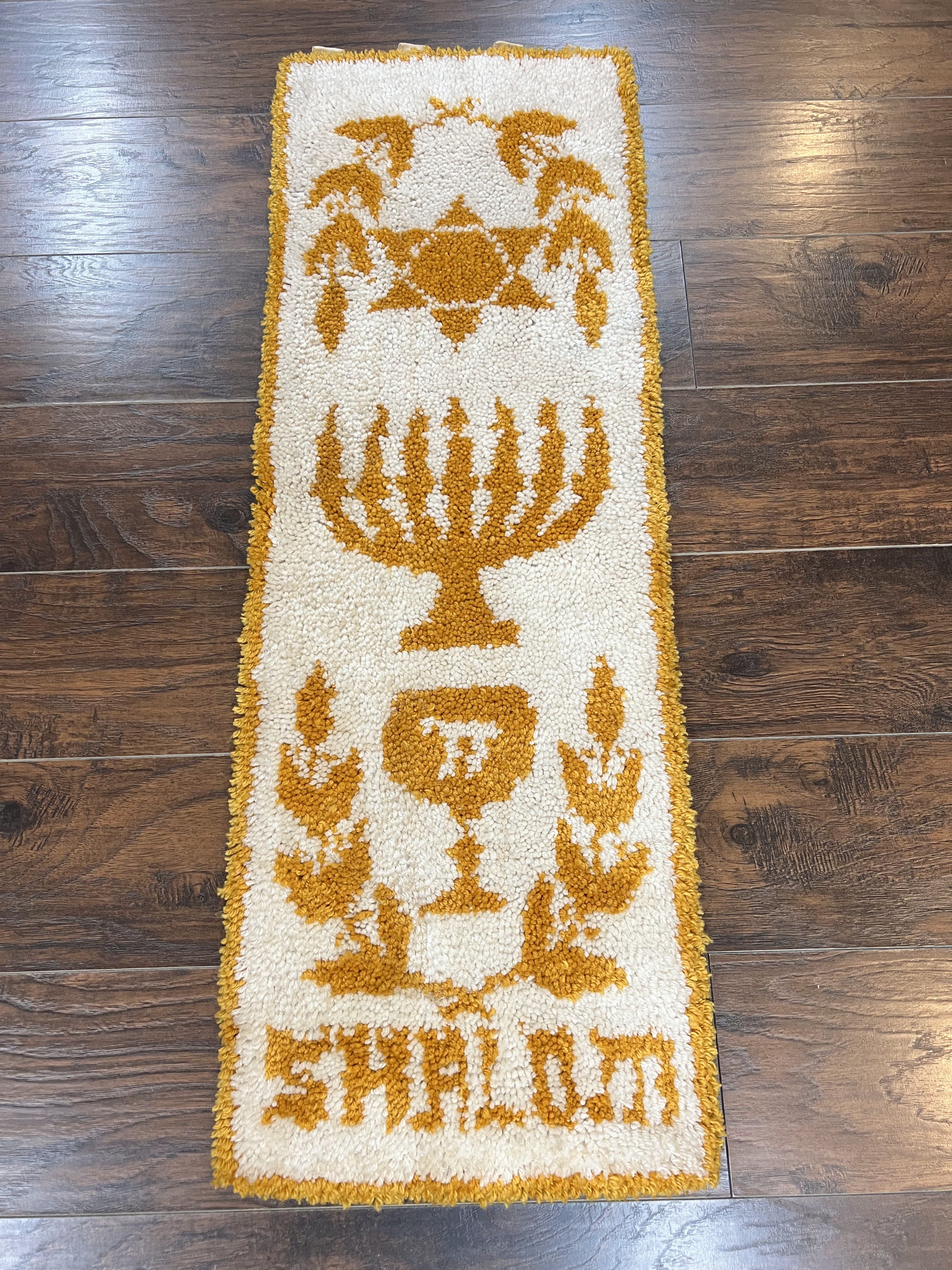 Unique Judaica Wall Hanging Rug 1.5 x 4, Shalom Menorah Jewish Star Kiddush Cup Chai Wall Hanging, Vintage, Wool, Ivory and Orange - Jewel Rugs