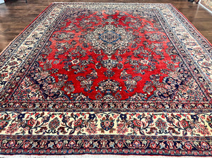 Persian Sarouk Rug 11x13, Wool Hand Knotted Antique Carpet, Red Ivory Traditional Handmade Large Oriental Area Rug 11 x 13, Floral Medallion