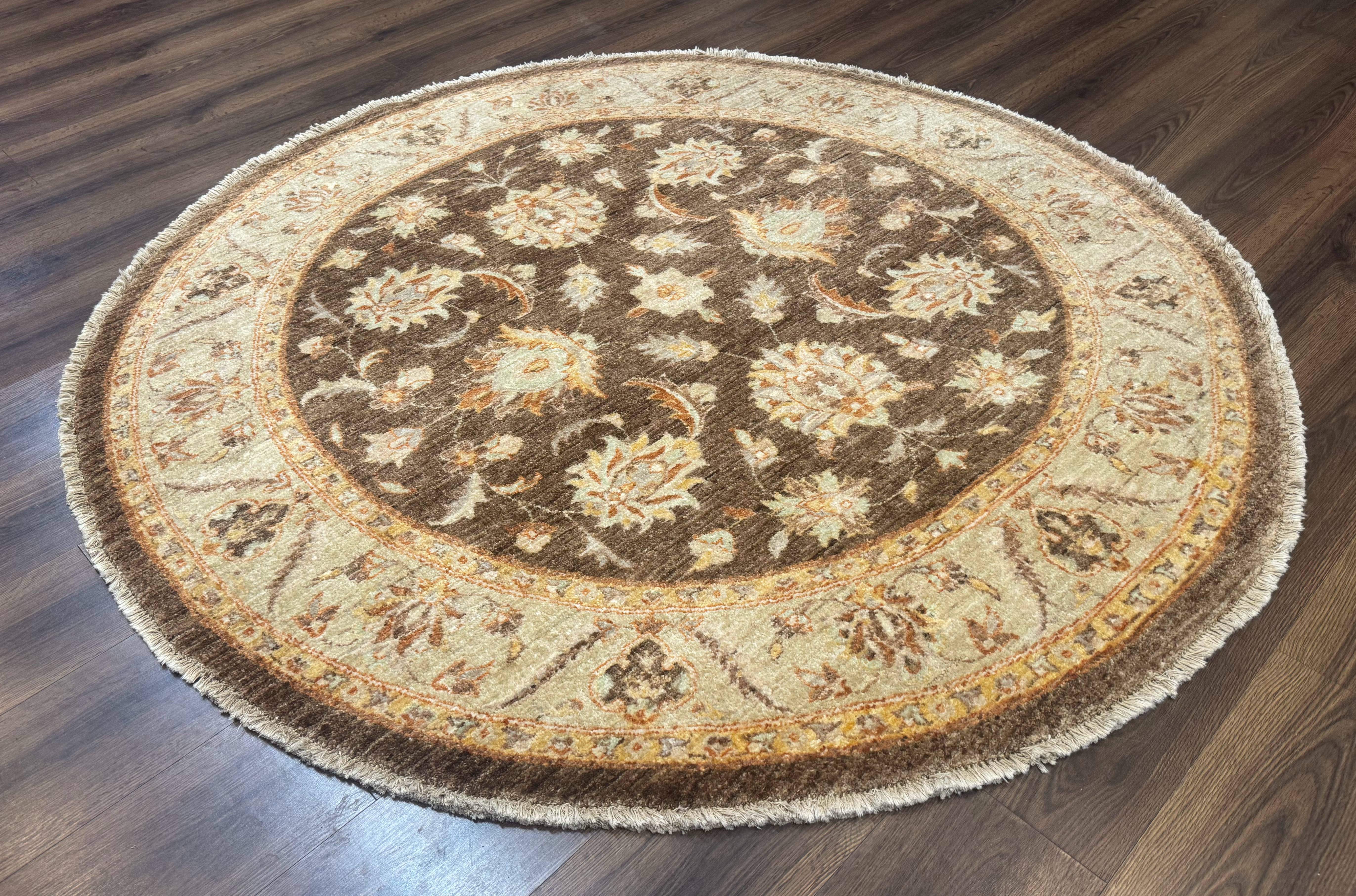 Round Pakistani Rug 6x6, Brown and Beige, Floral, Peshawar Rug, Traditional - Jewel Rugs