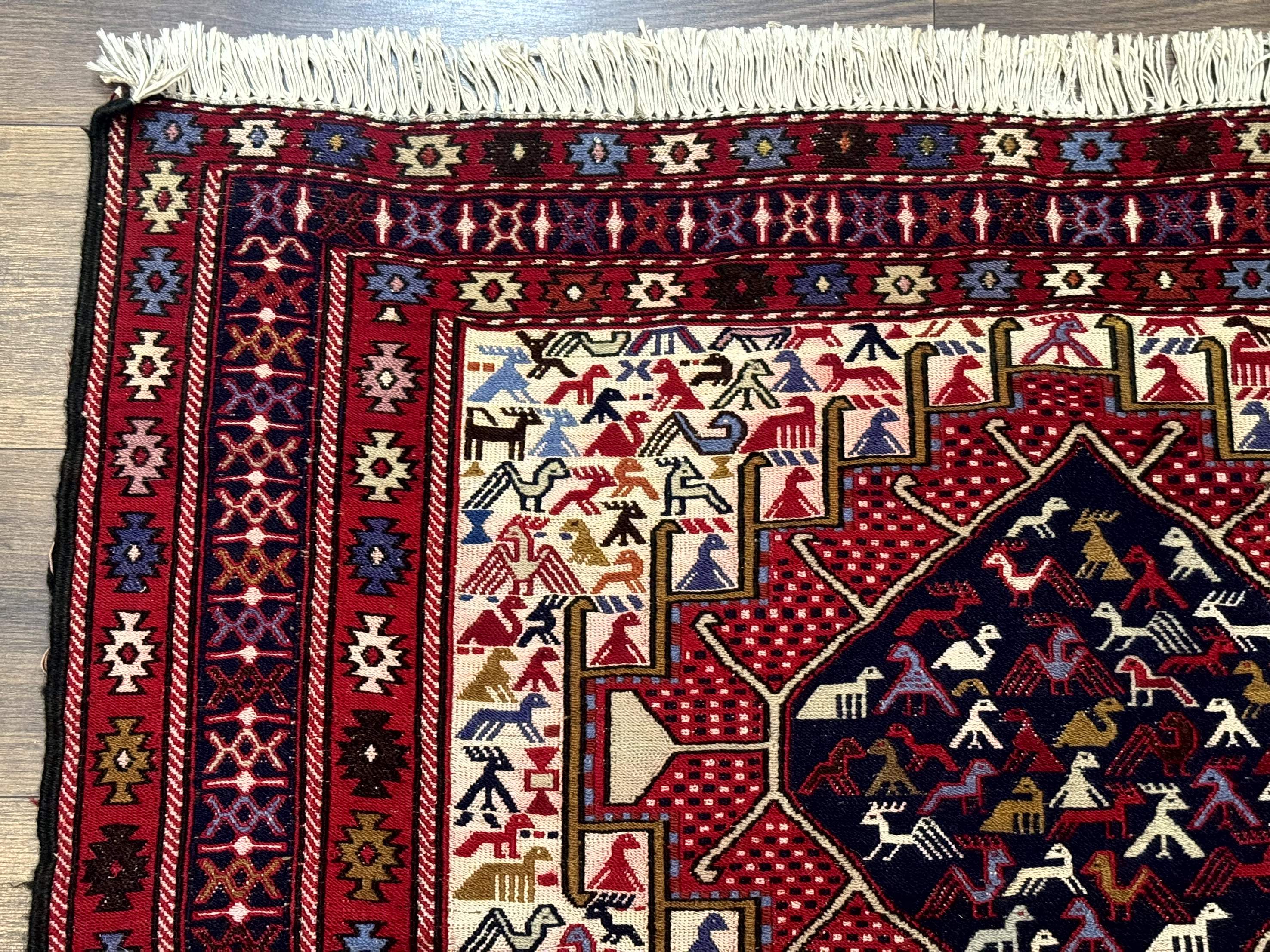 Persian Soumak Kilim Rug 4x6, Triple Medallions Tribal Pictorials, Caucasian Azerbaijani Kilim - Jewel Rugs