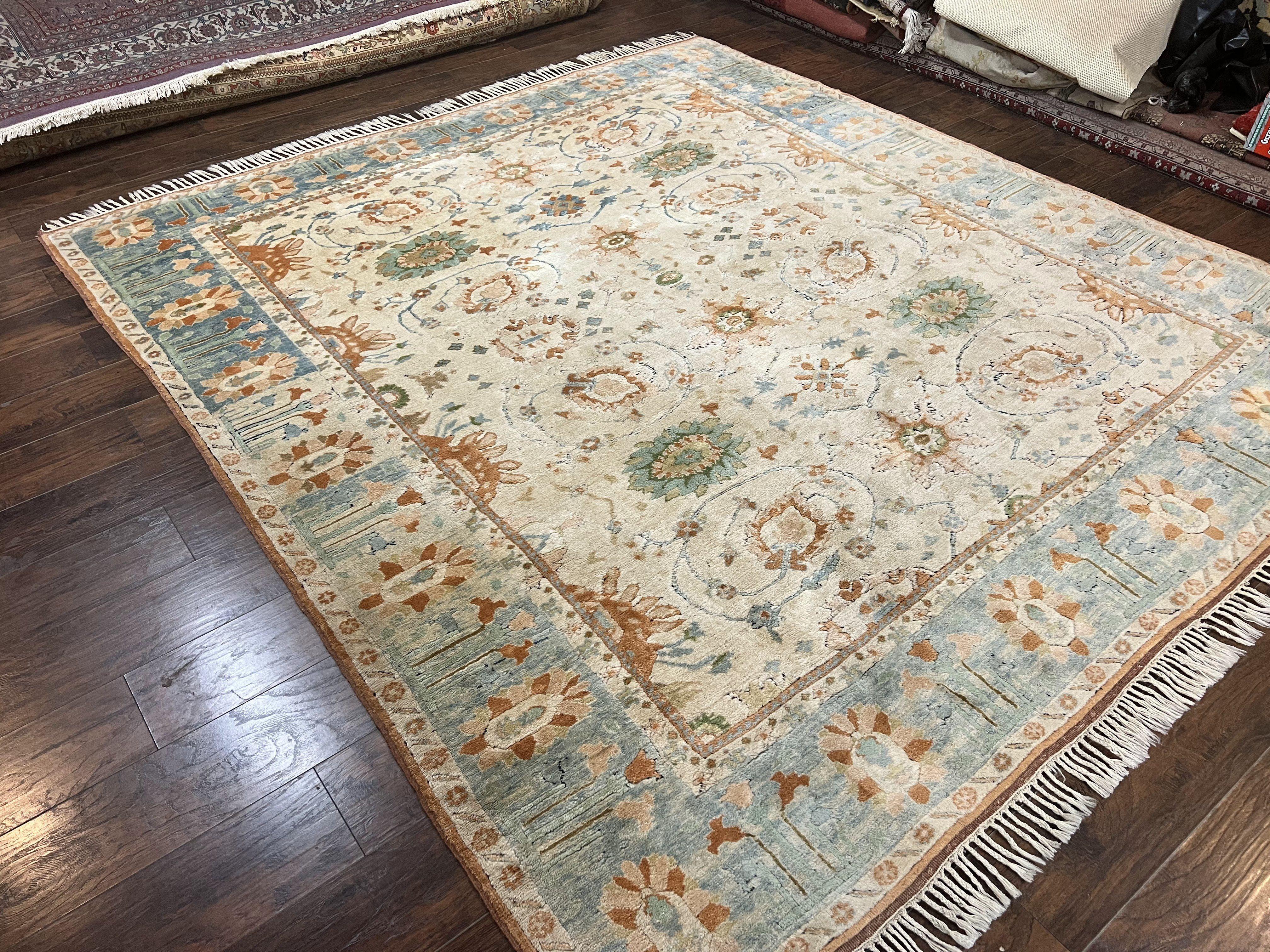 Turkish Oushak Rug 9x10, Neutral Colors, Wool Hand Knotted Vintage Handmade Oriental Carpet, Floral Allover, Farmhouse Rug, Beige Light Blue - Jewel Rugs