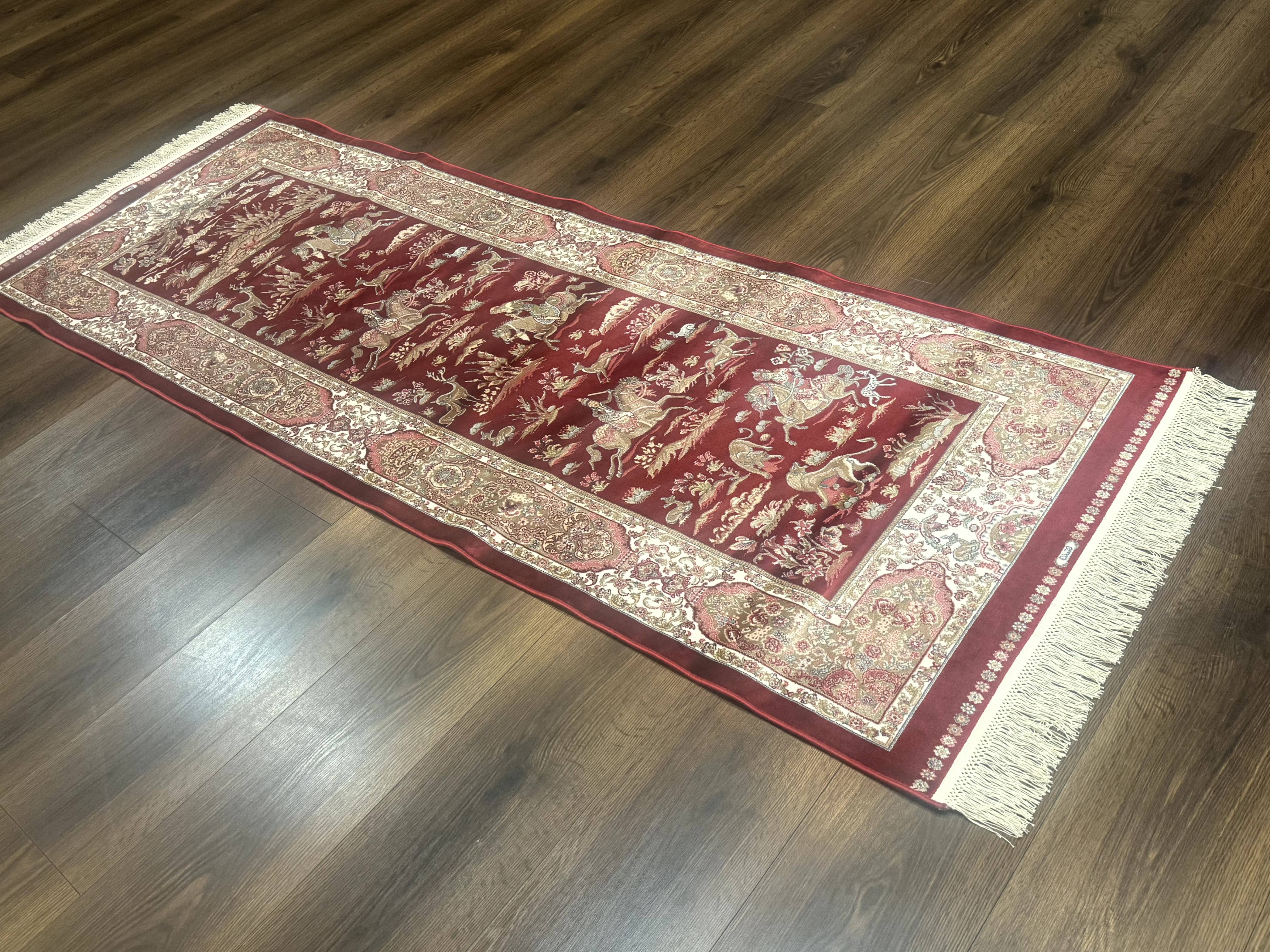 Turkish Silk Rug 2.6 x 6.7, Hunting Design, Short Runner Rug, Red & Ivory, Bamboo Silk, New - Jewel Rugs