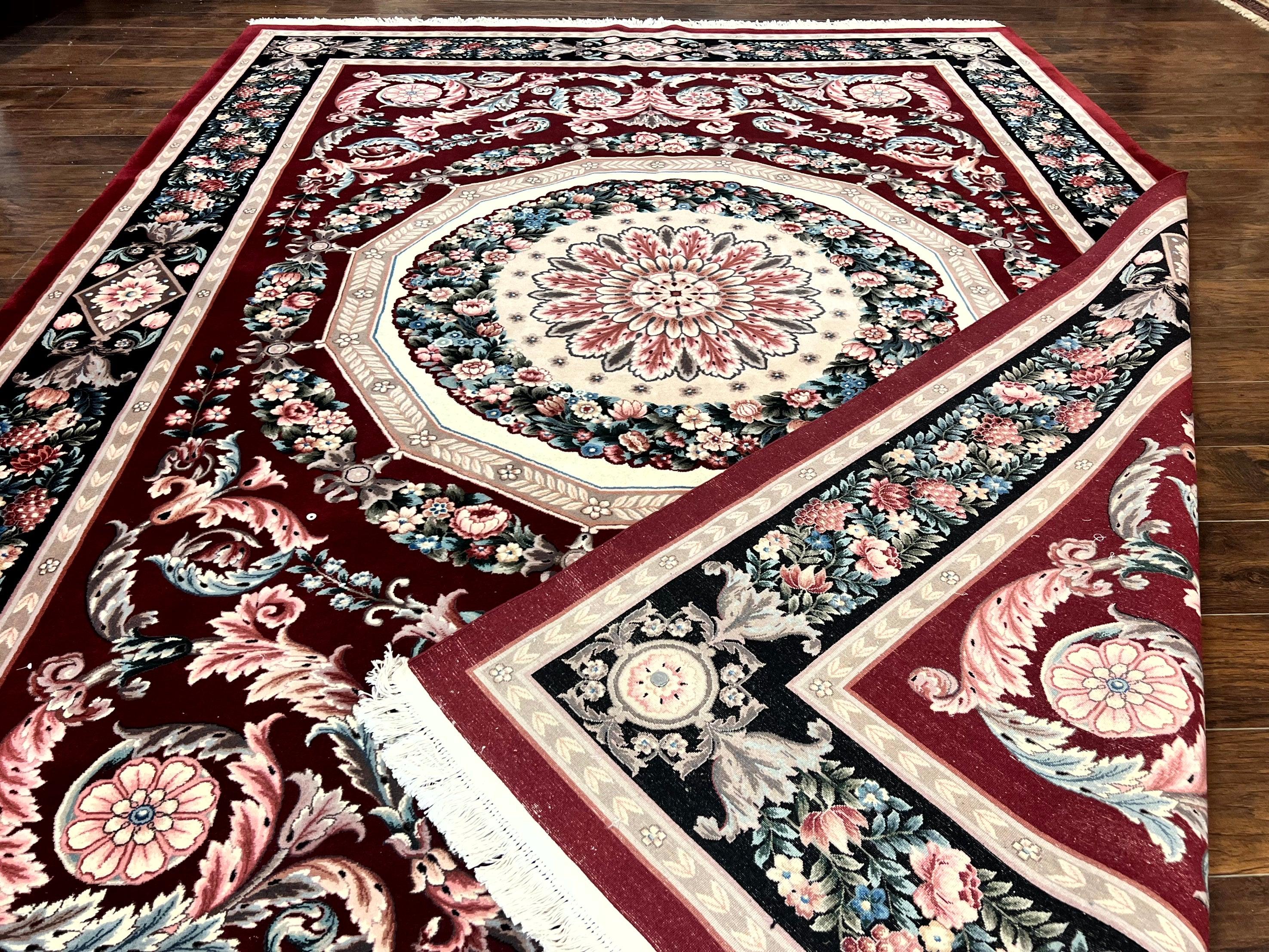 Chinese Aubusson Rug 9x12, Burgundy, Handmade Vintage Wool Carpet, Fine 210 KPSI, Elegant European Design - Jewel Rugs