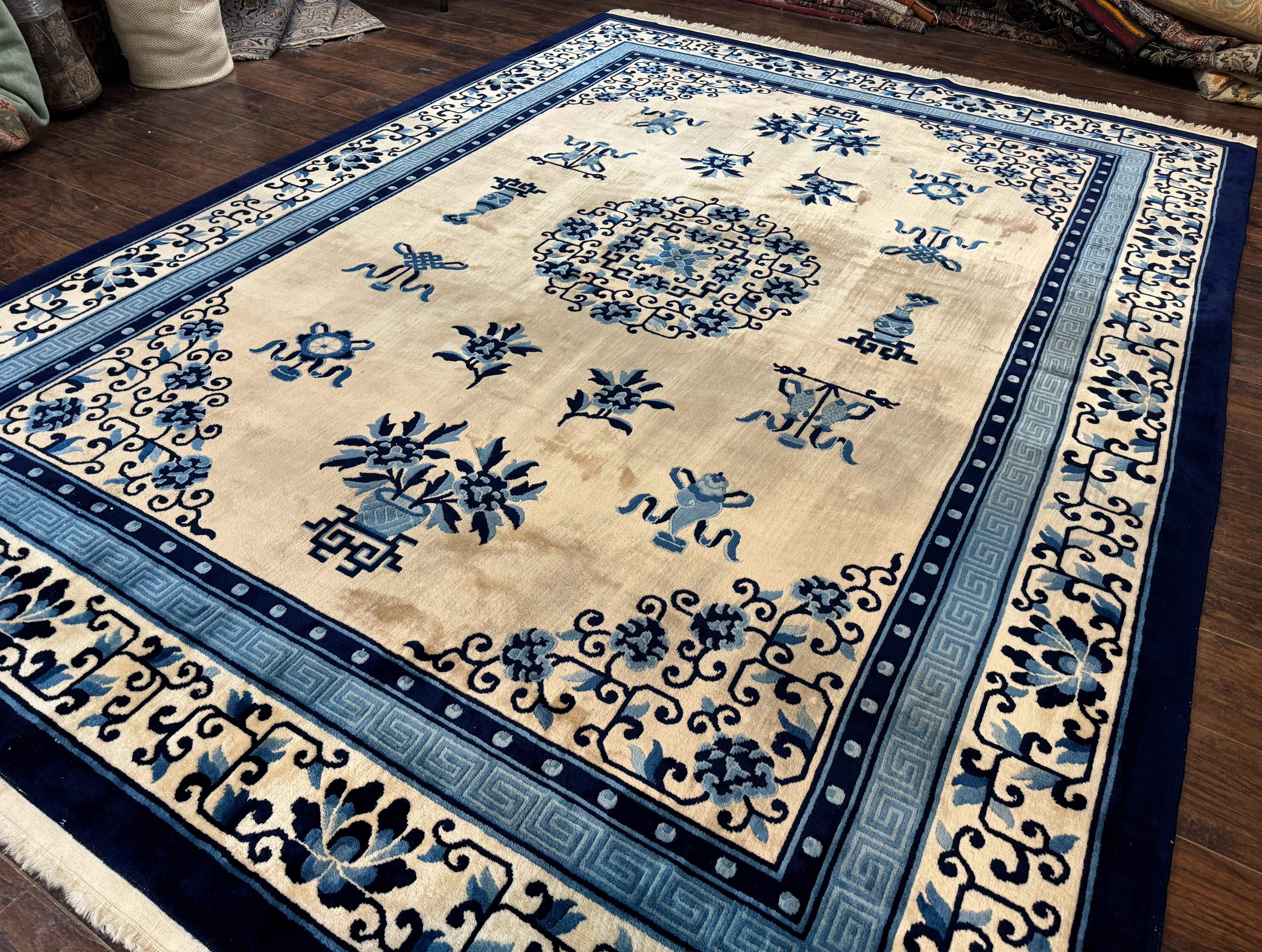 Chinese Peking Rug 8x11 – Ivory and Blue, Hand-Knotted Wool, Asian Oriental Carpet - Jewel Rugs