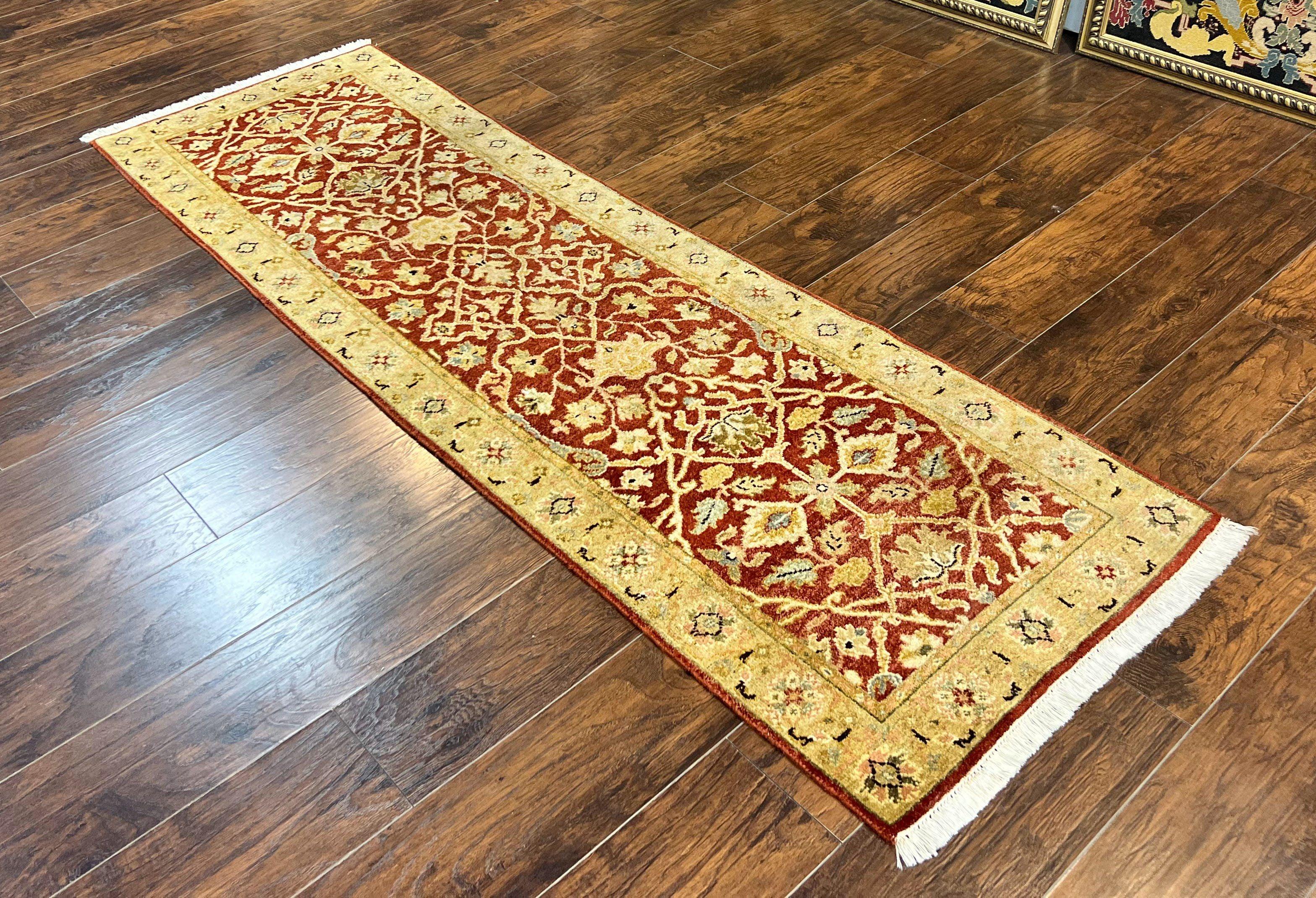 Pakistani Chobi Runner Rug 2.6 x 8, Pak Persian Oriental Rug for Hallway, Maroon Tan-Gold, Handmade Wool 8ft Runner for Hallway, Vintage Rug - Jewel Rugs