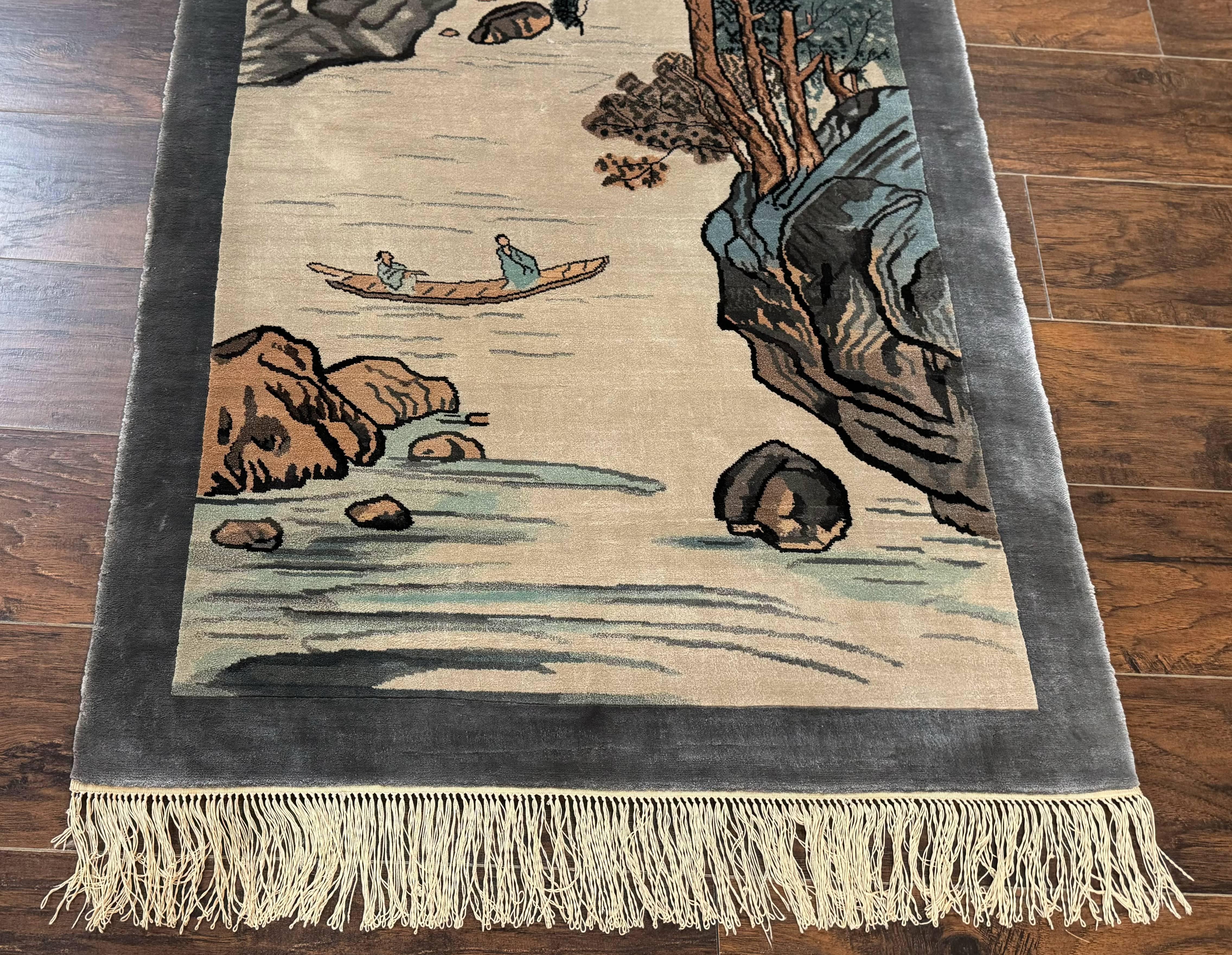 Chinese Silk Wall Hanging 3x5, Handmade, River and Boat Scene, Rug Tapestry - Jewel Rugs