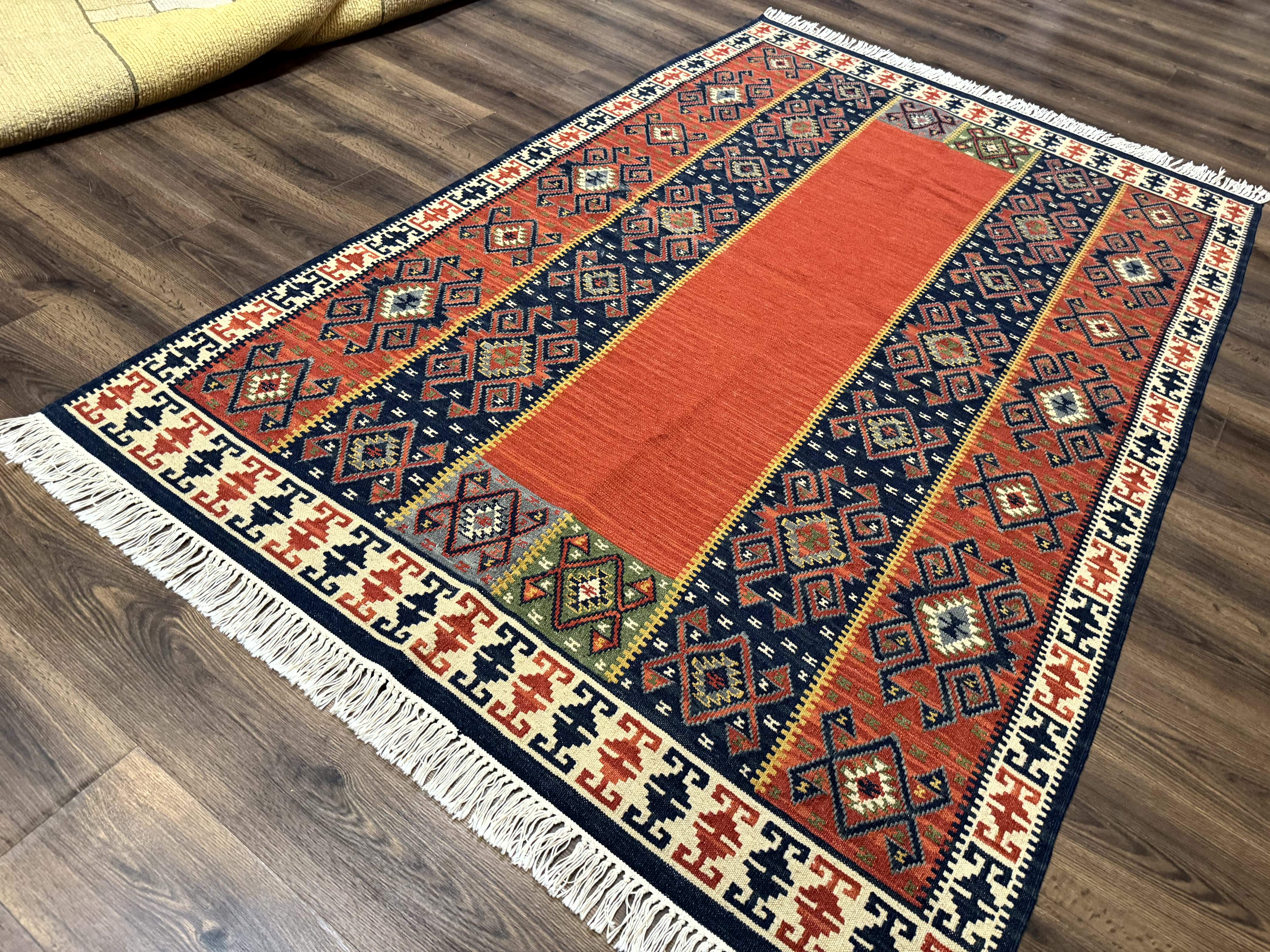 Turkish Kilim Rug 5x8, Flatweave Carpet, Handmade Bohemian Rug, Terracotta and Navy Blue - Jewel Rugs