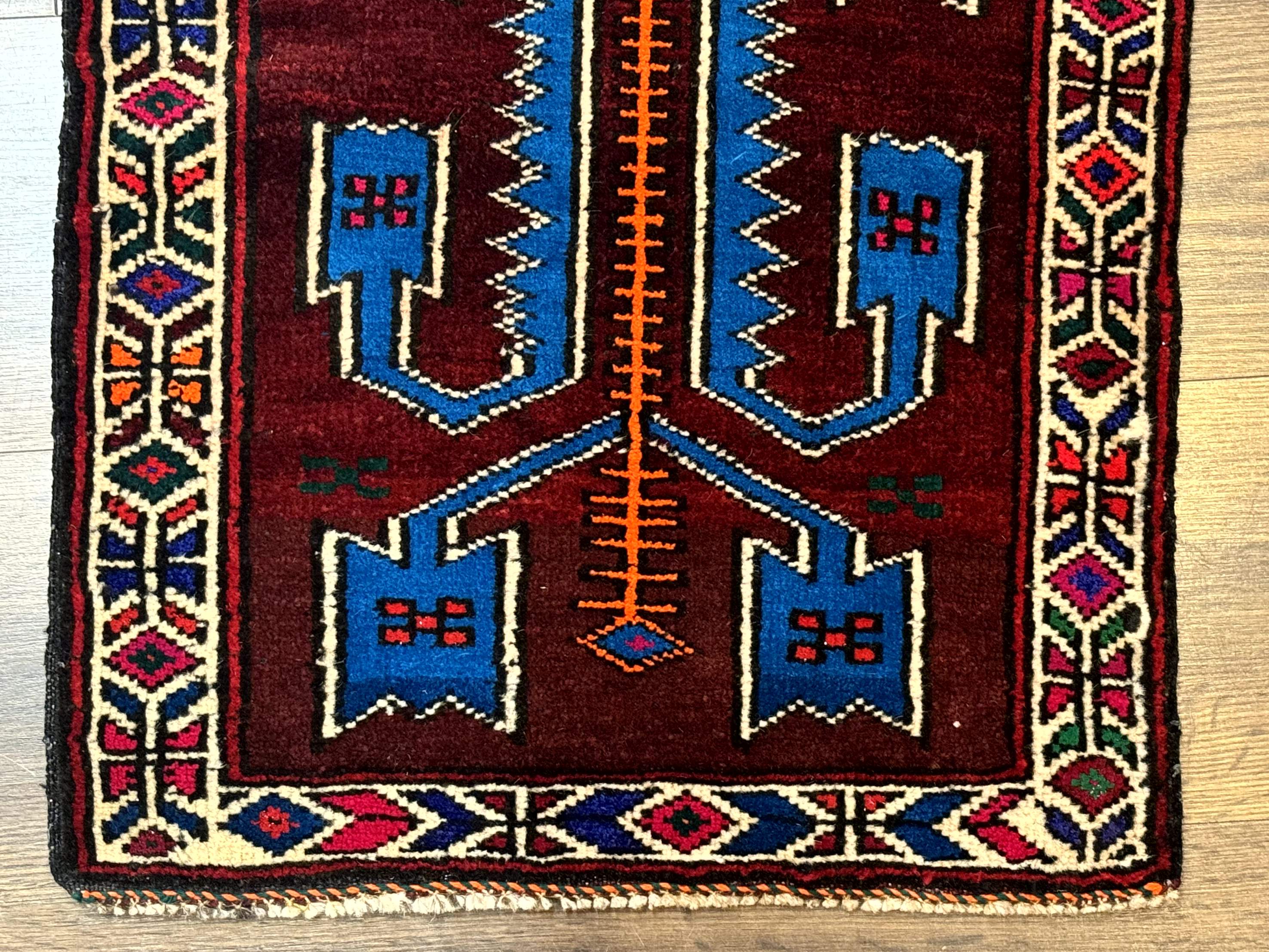 Persian Tribal Rug 1.8 x 2, Small Balouchi Rug, Unique Design, Burgundy and Blue - Jewel Rugs