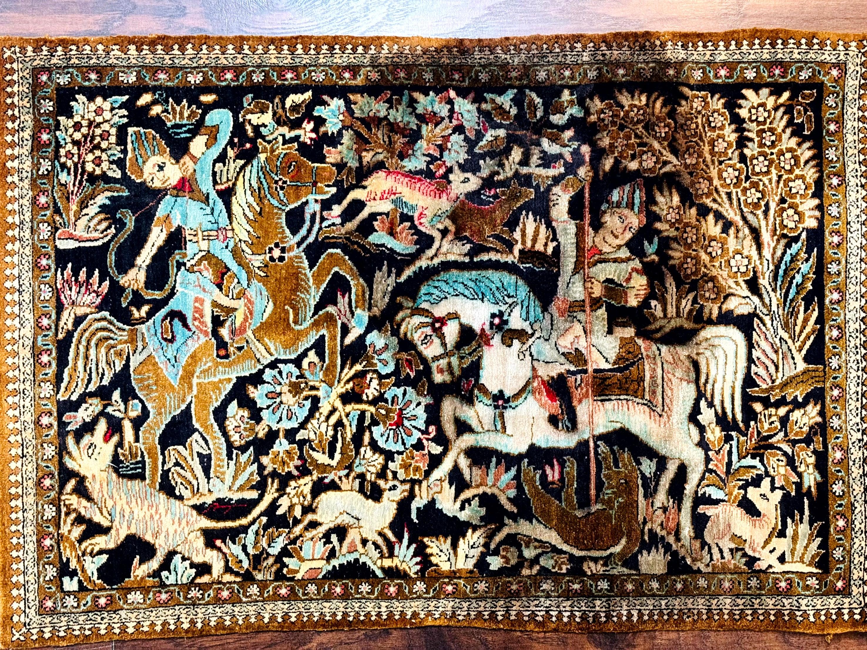 Persian Silk Qum Hunting Design Rug 2x3, Hunting Pattern, Horsemen, Silk on Silk, 330 KPSI - Jewel Rugs