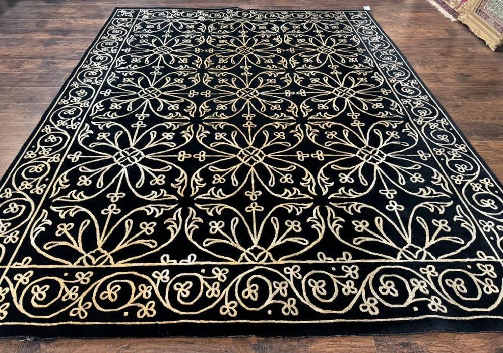 Tibetan Rug 8x10, Wool and Silk, Raised Pattern, Black and Gold, Floral - Jewel Rugs