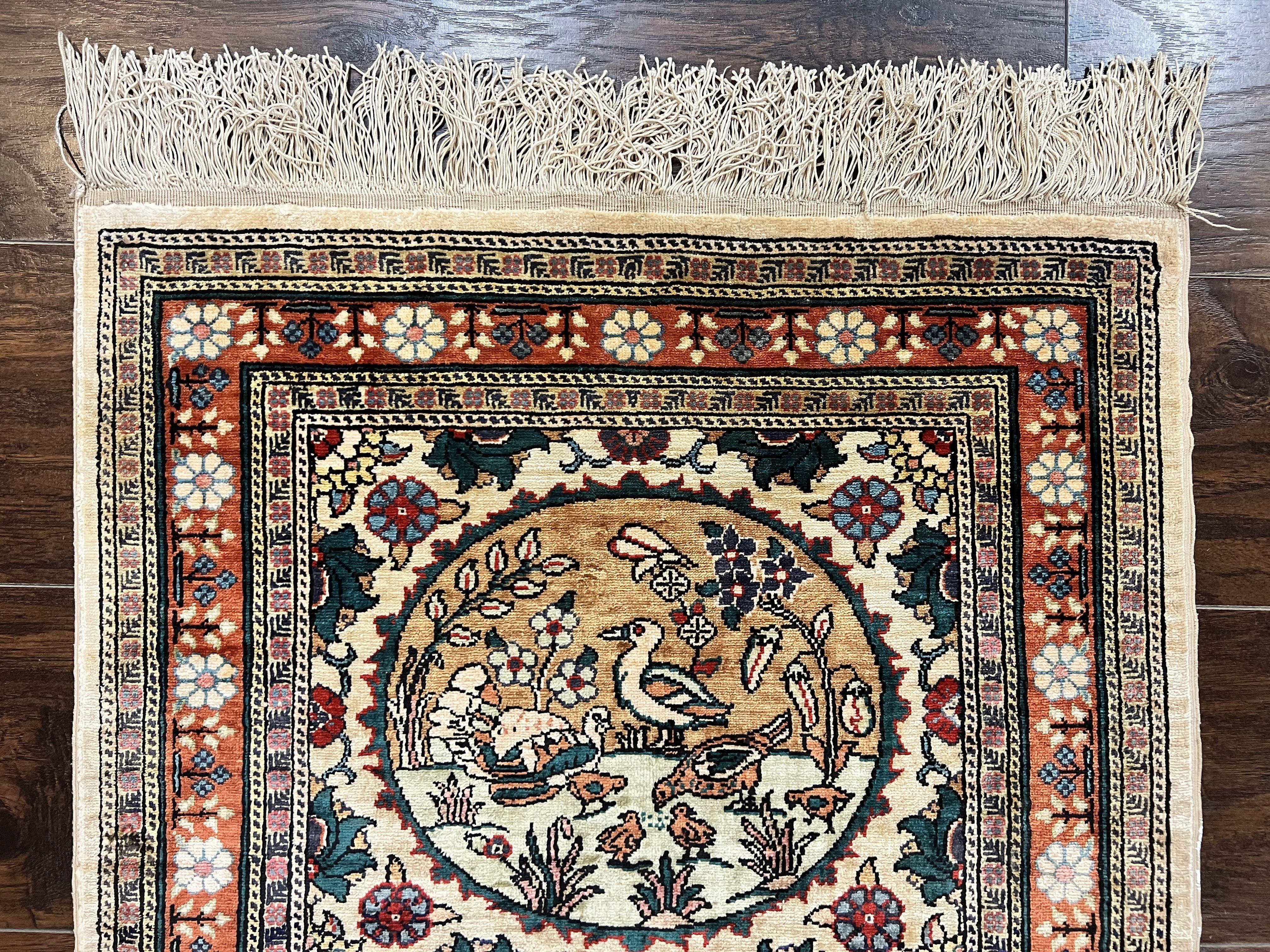 Silk Turkish Rug 2x4, Fine Handmade Oriental Rug, Animal Pictorial Birds Silk Pile on Silk Foundation Vintage Hand Knotted Hereke Carpet - Jewel Rugs