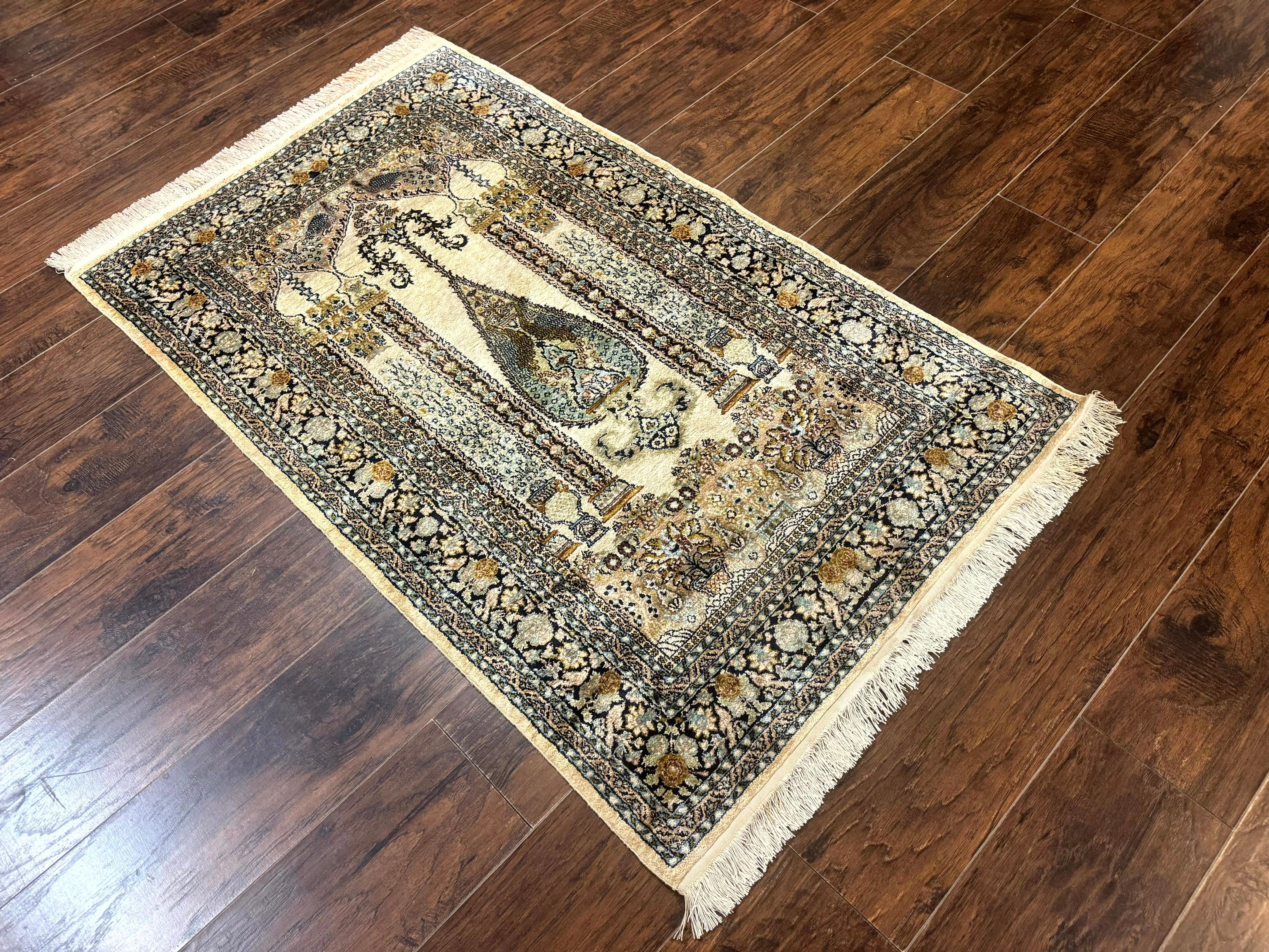 Silk Indian Kashmiri Rug 3x4, Very Fine 400 KPSI, Silk Prayer Rug, Handmade - Jewel Rugs