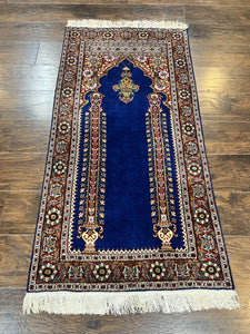 Indo Persian Prayer Rug 3x5, Fine Oriental Carpet, Dark Blue and Red, Vintage Hand Knotted Handmade Prayer Rug