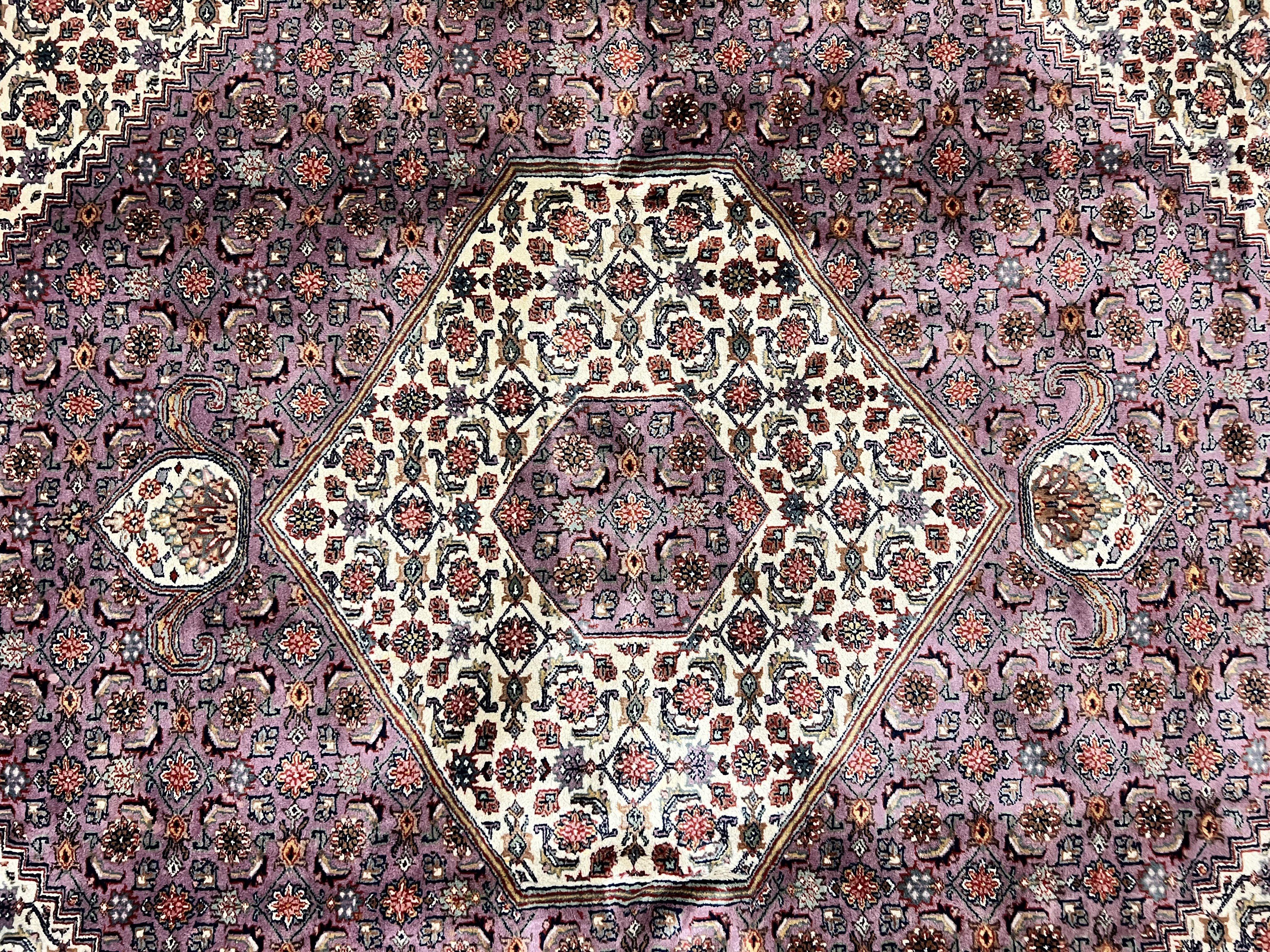 Indo Persian Bidjar Rug 8x10, Purple and Ivory Hand Knotted Wool Vintage Oriental Carpet, Herati Mahi Pattern, 8 x 10 Traditional Fine Rug - Jewel Rugs