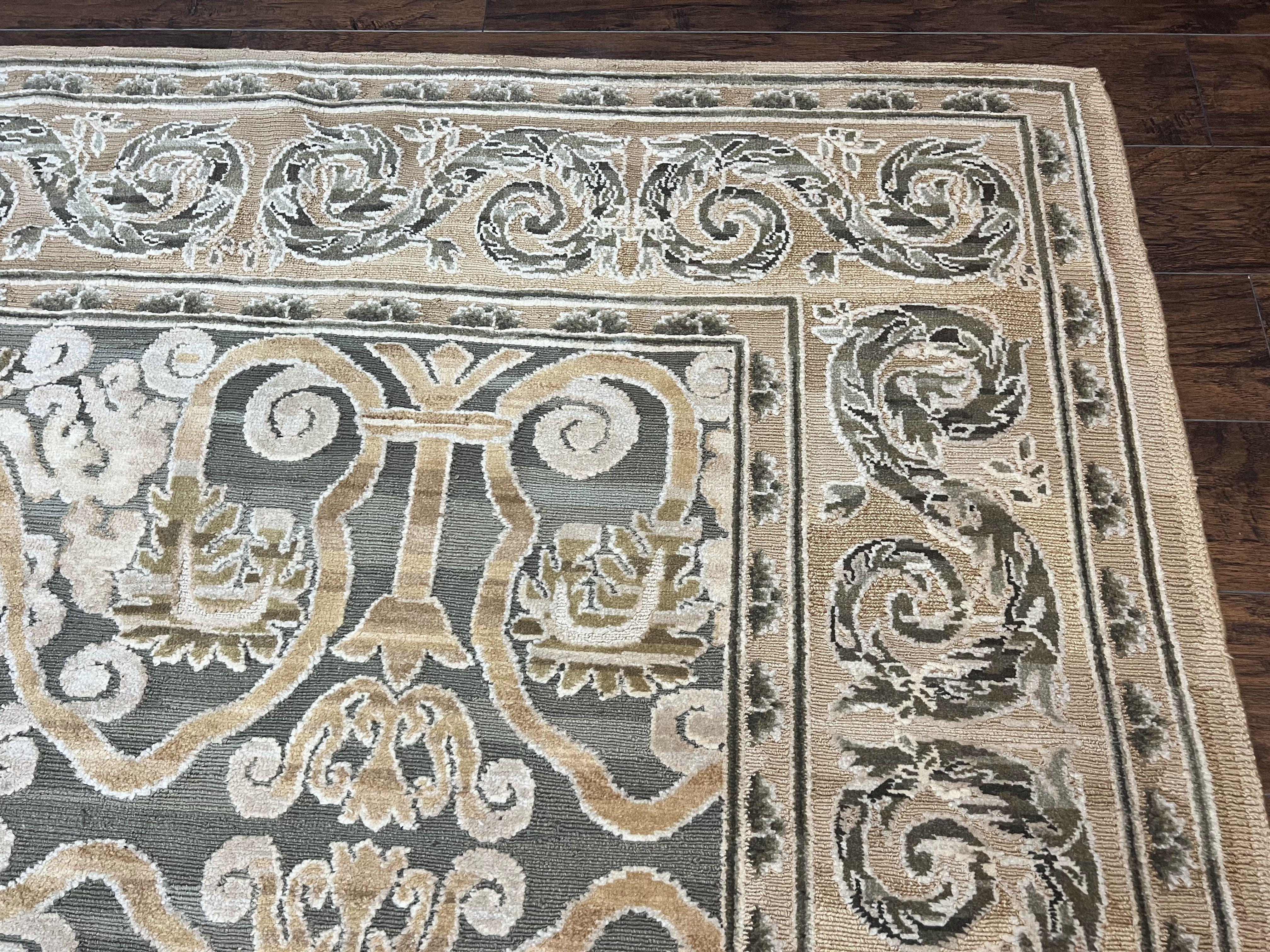 Spanish Rug 11x14, Wool Hand Knotted Vintage Carpet, Olive Green and Beige, Floral Allover, European Design, 11 x 14 Rug - Jewel Rugs