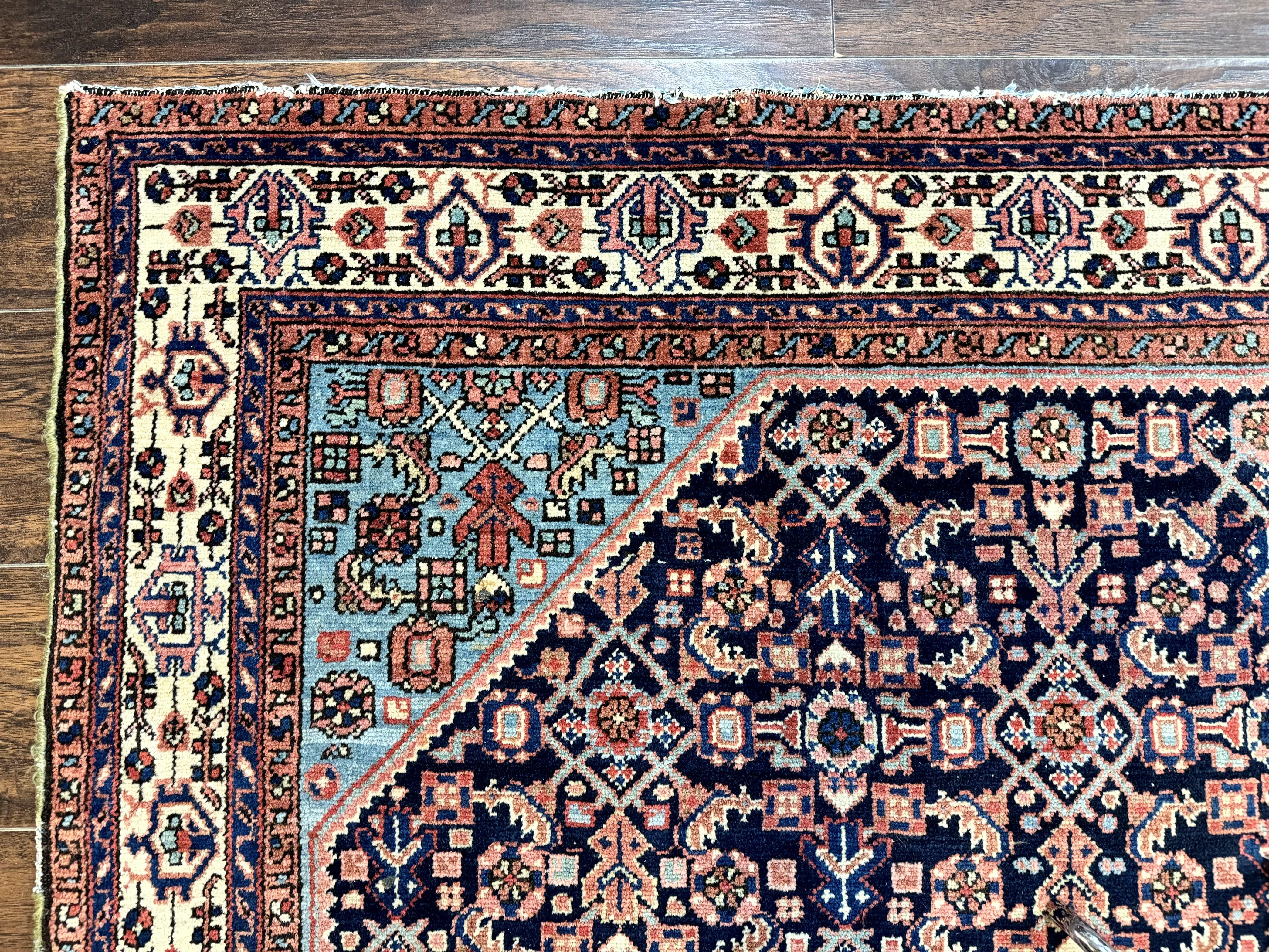 Antique Persian Rug 5 x 6.7, Navy Blue & Ivory, Handmade Persian Wool Carpet, Hamadan Angelas Rug - Jewel Rugs