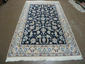 Persian Nain Rug 4x7, Navy Blue and Ivory, Handmade, Wool & Silk Highlights, Fine Oriental Rug, Vintage
