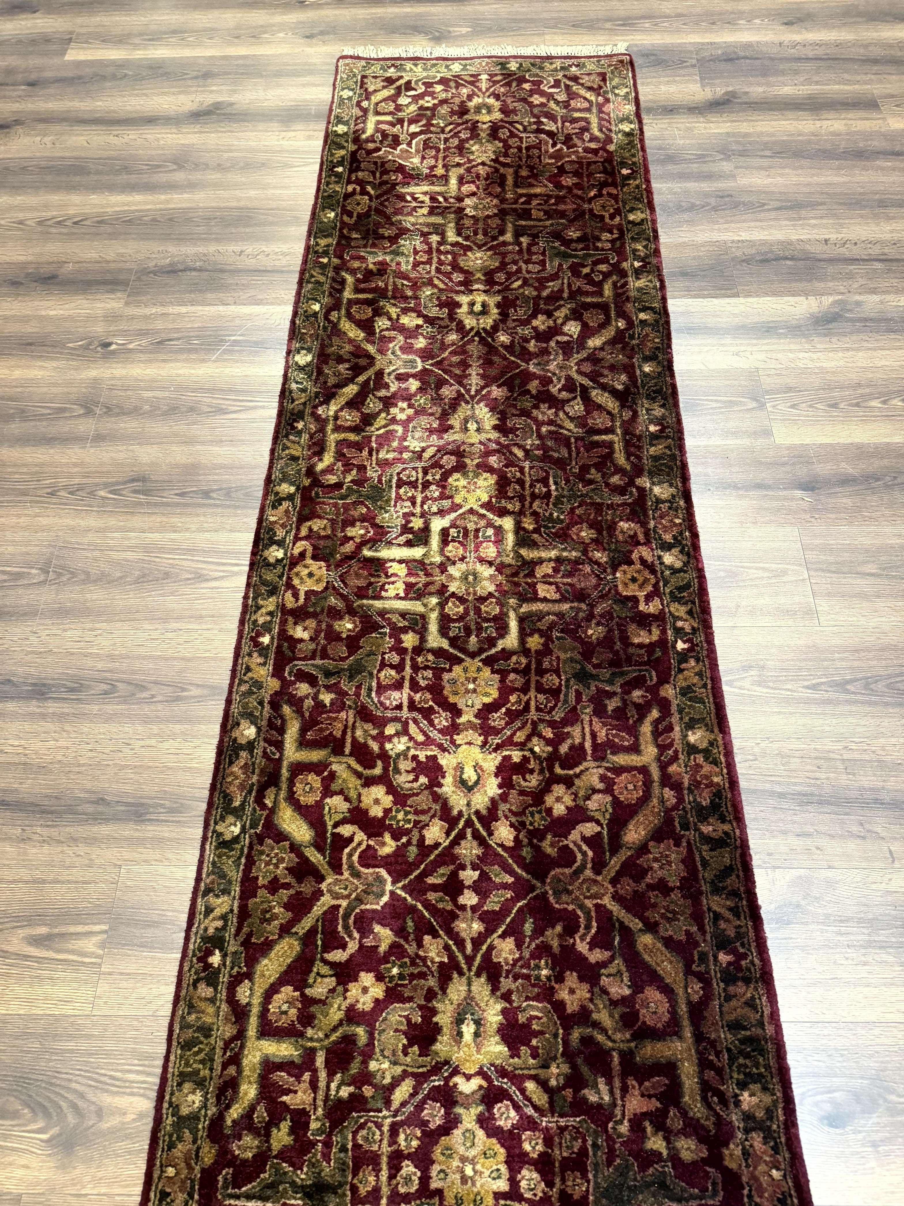 Indo Persian Runner Rug 2.7 x 13.8, Maroon, Wool, Handmade Indian Rug for Hallway - Jewel Rugs