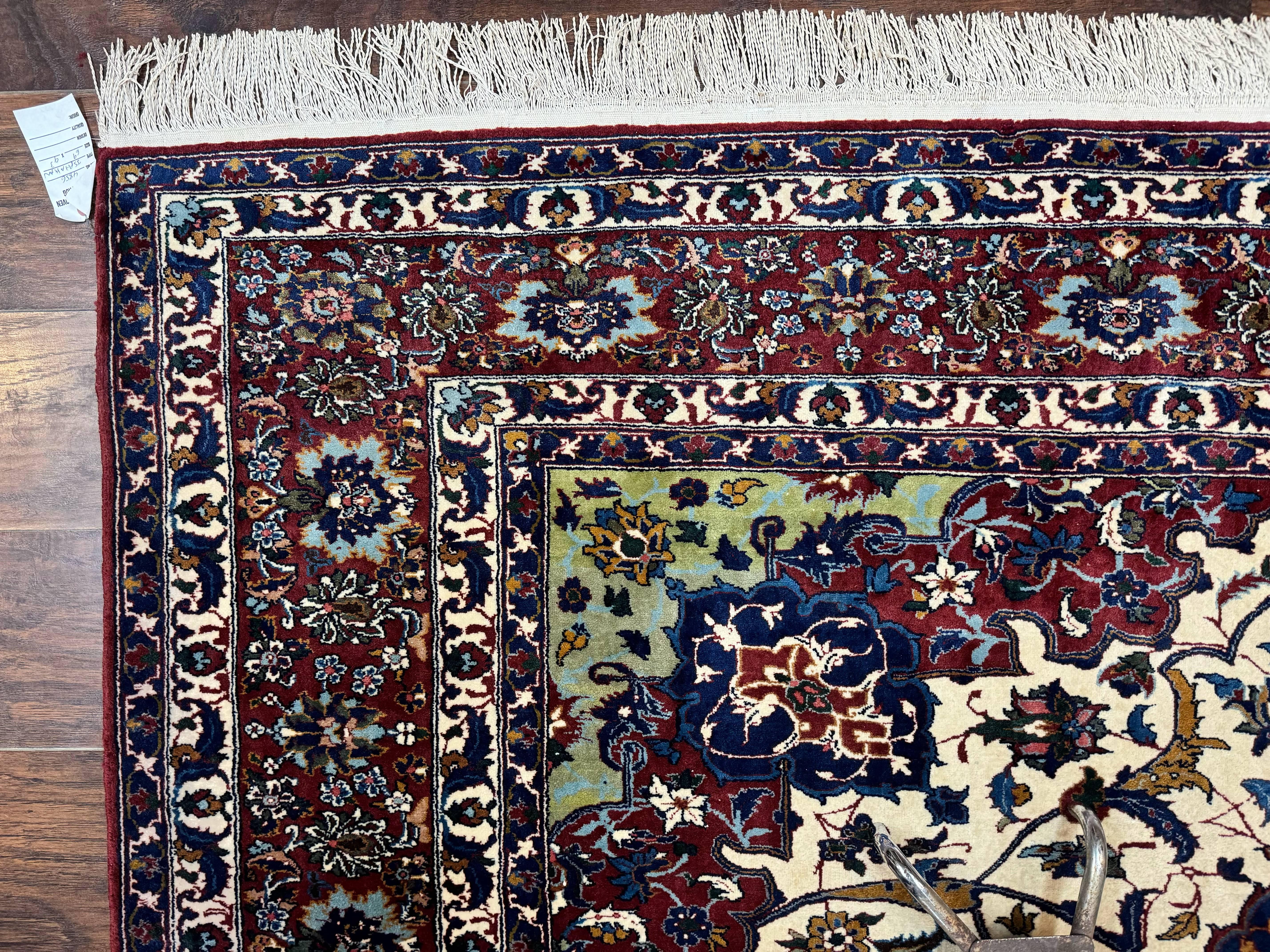 Wonderful Persian Isfahan Rug 7x9, Ivory Navy Blue Red, Floral Medallion, Very Finely Hand Knotted 260 KPSI, Handmade Wool Vintage Rug - Jewel Rugs