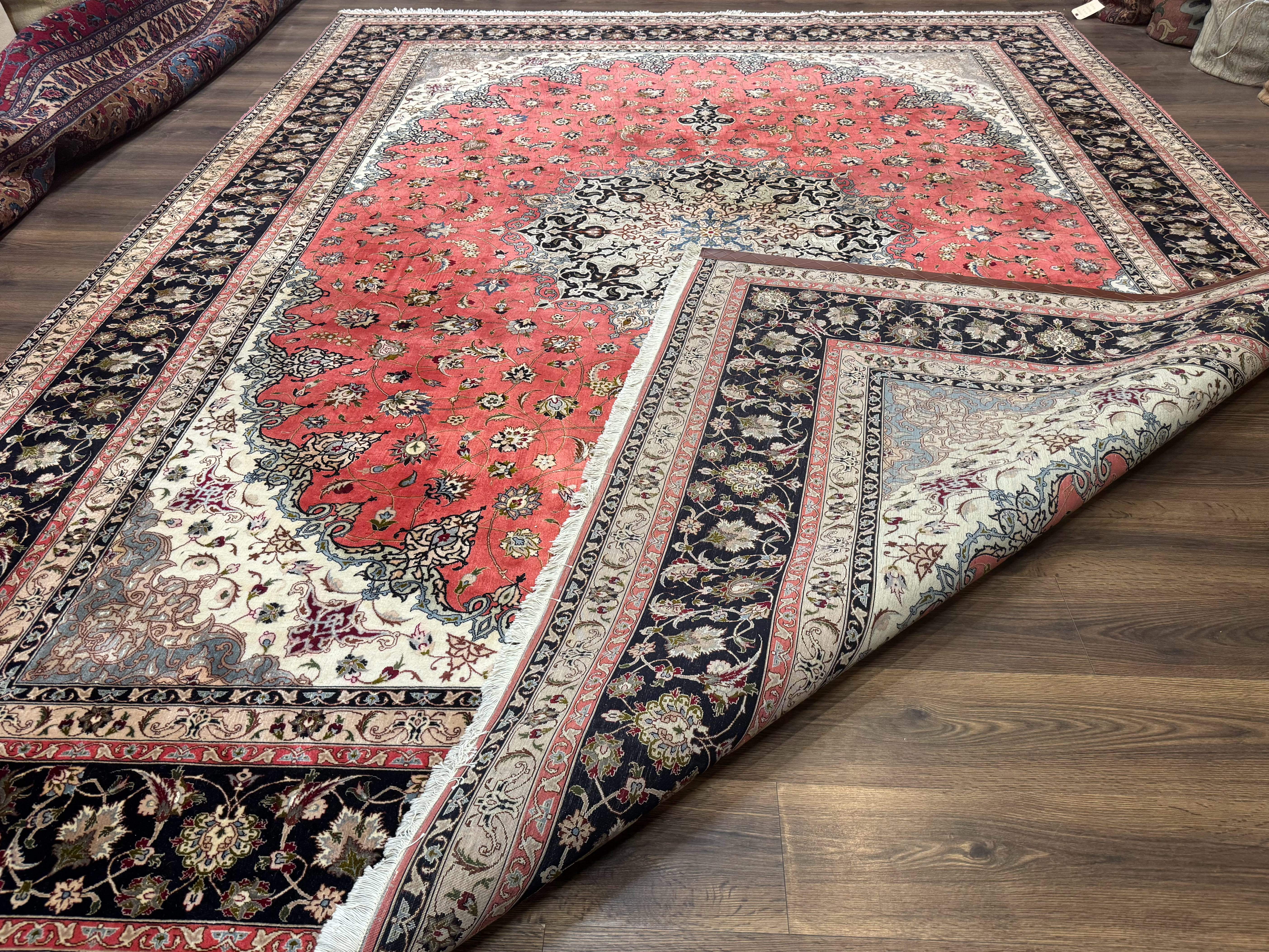 Persian Tabriz Rug 10x13, Floral Medallion, Salmon and Ivory, Hand-Knotted, 330 KPSI - Jewel Rugs