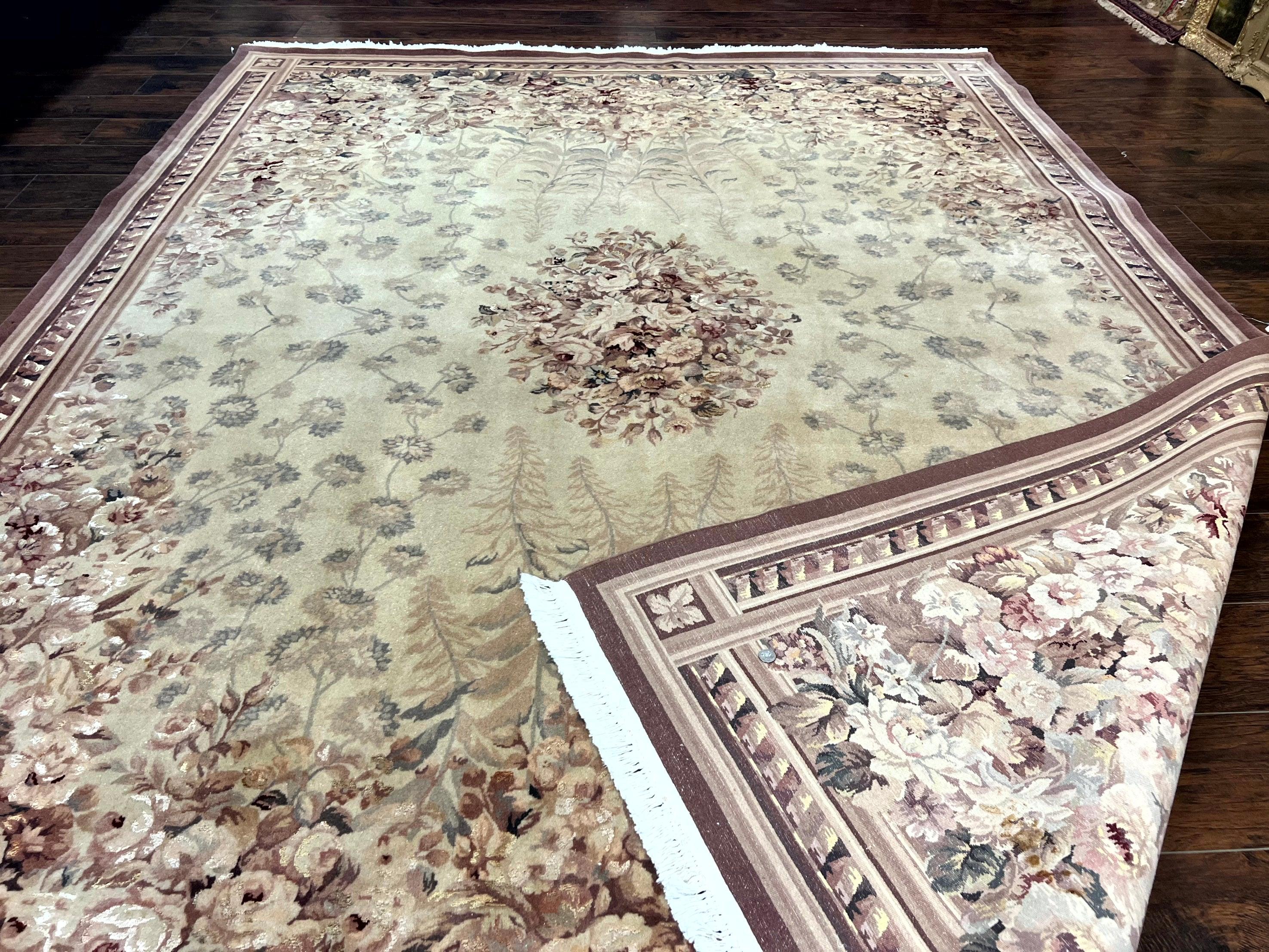 Aubusson Wool Rug 9x11, Wool with Silk Highlights, European Design, Vintage, Handmade, Floral, Fine 210 KPSI - Jewel Rugs