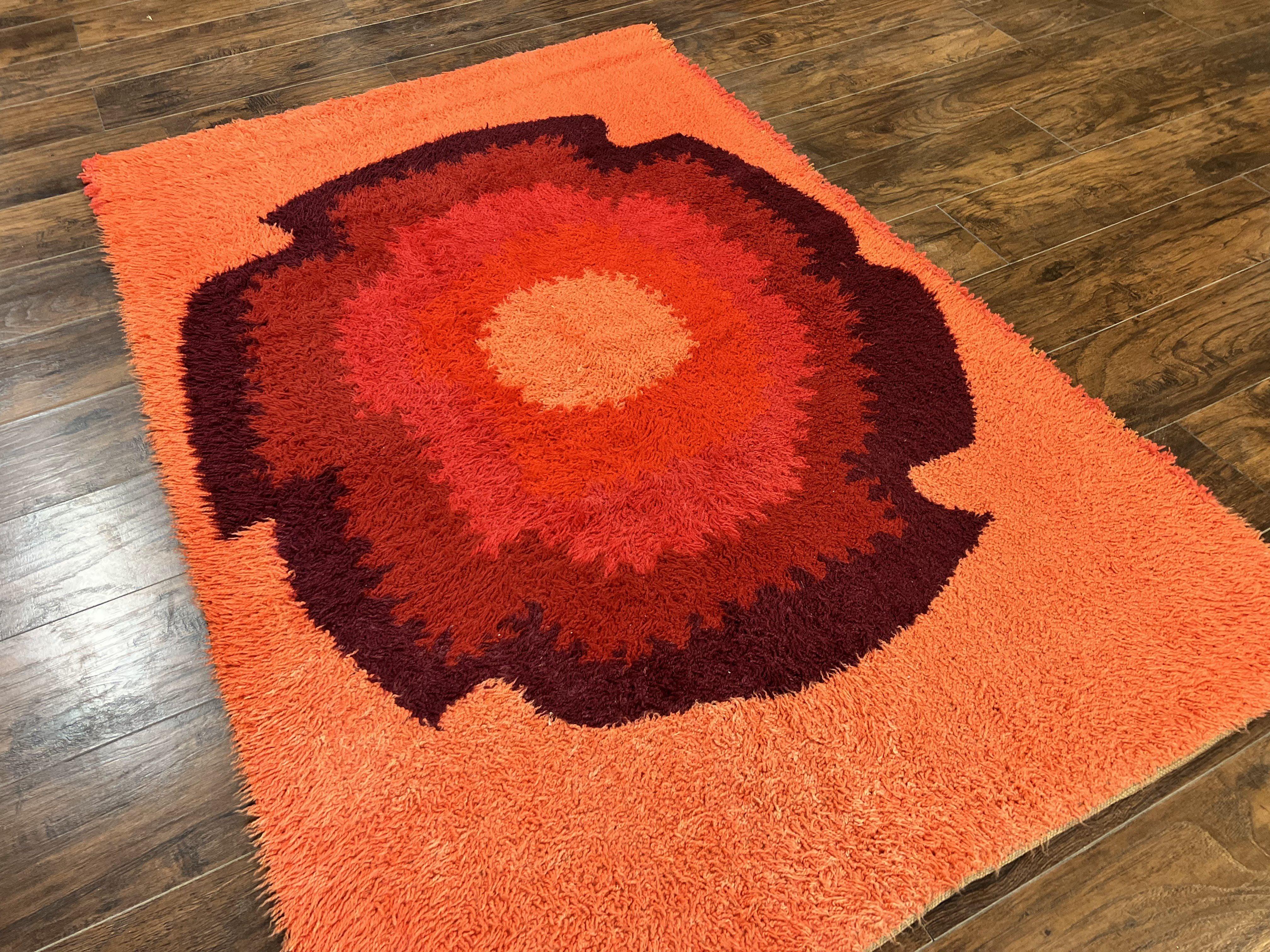 Danish Rya Shag Rug 4x6, Mid Century 1960s Retro Vintage Wool Rug, Shades of Red - Jewel Rugs