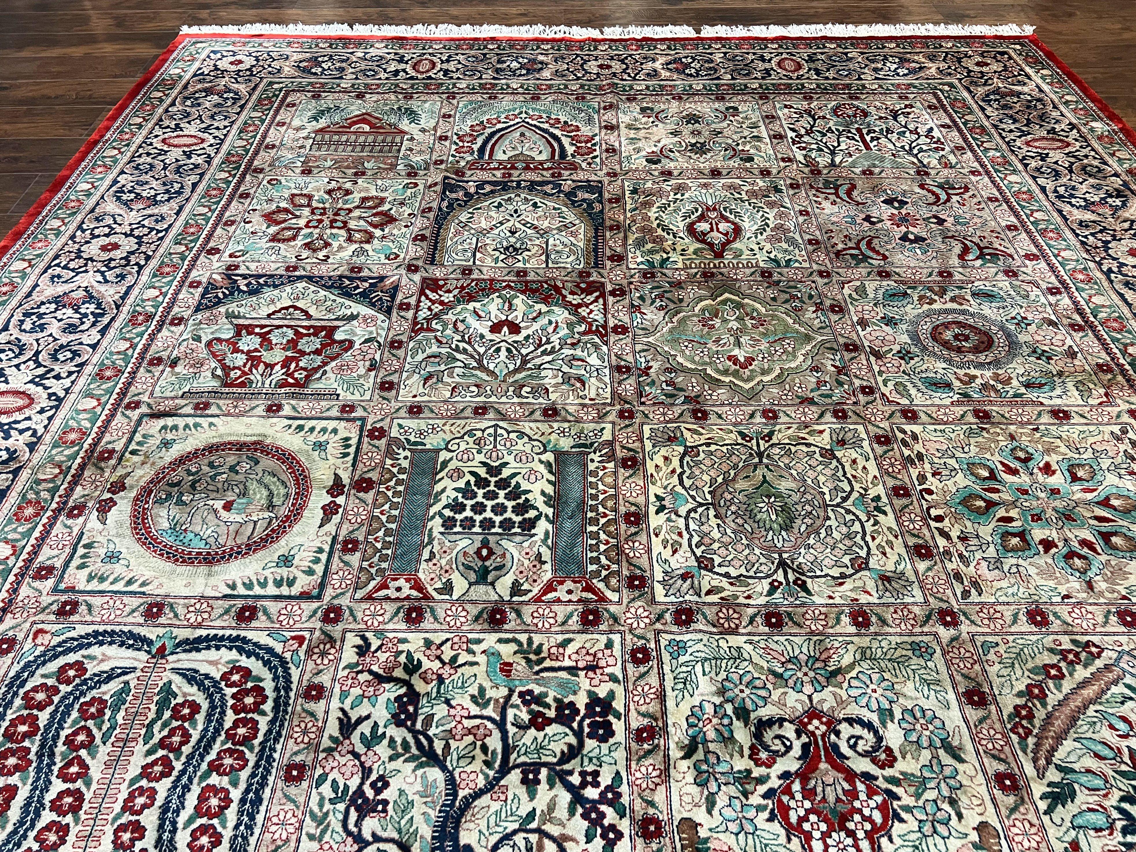 Silk Sino Persian Rug 9x12, Panel Design, Garden of Eden Pattern, Fine 200 KPSI, Hand Knotted Room Sized Silk Carpet, Vintage - Jewel Rugs