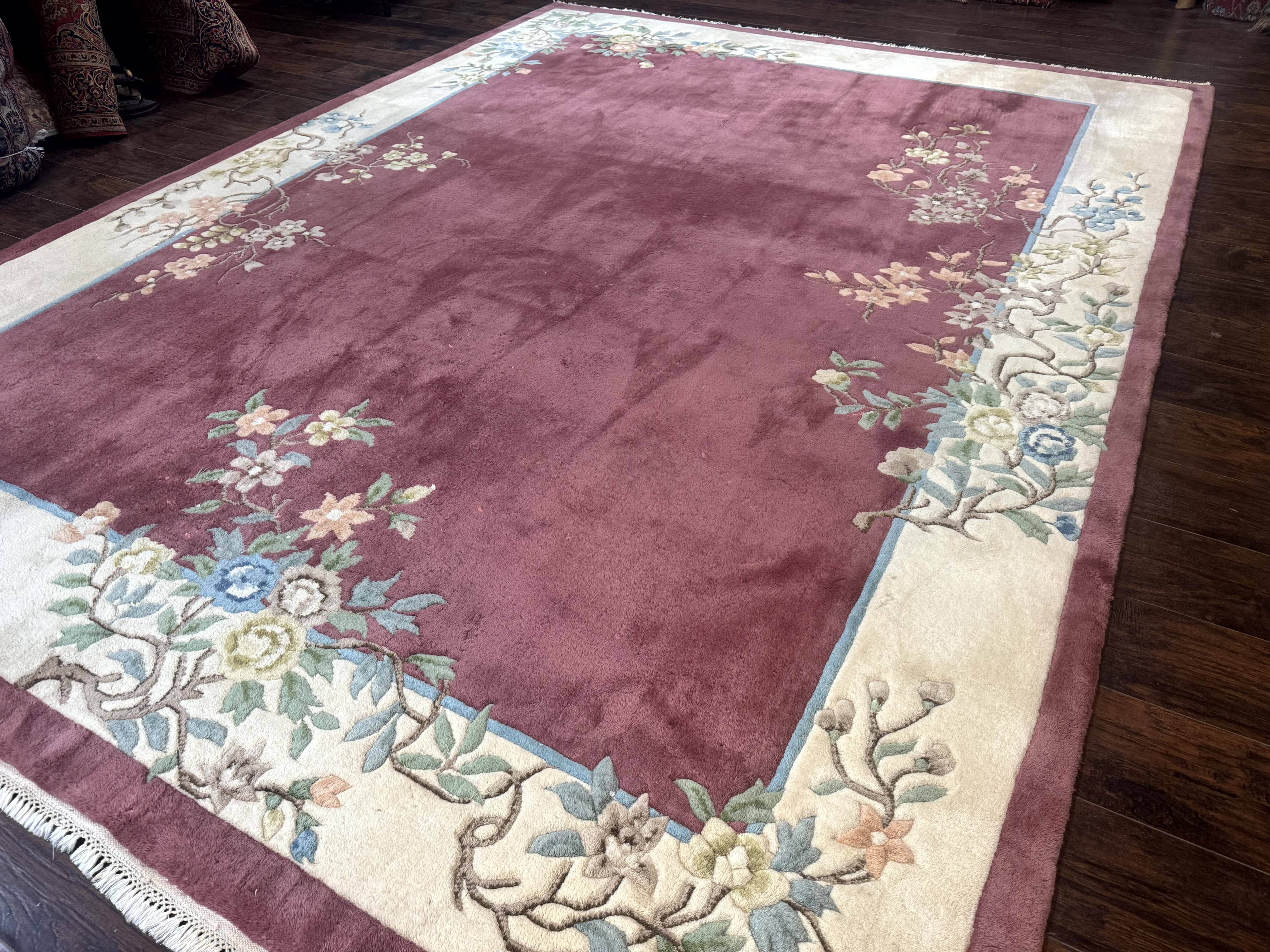 Indo Chinese Art Deco Rug 9x12, Pink and Ivory, Open Filed, Floral, Wool - Jewel Rugs