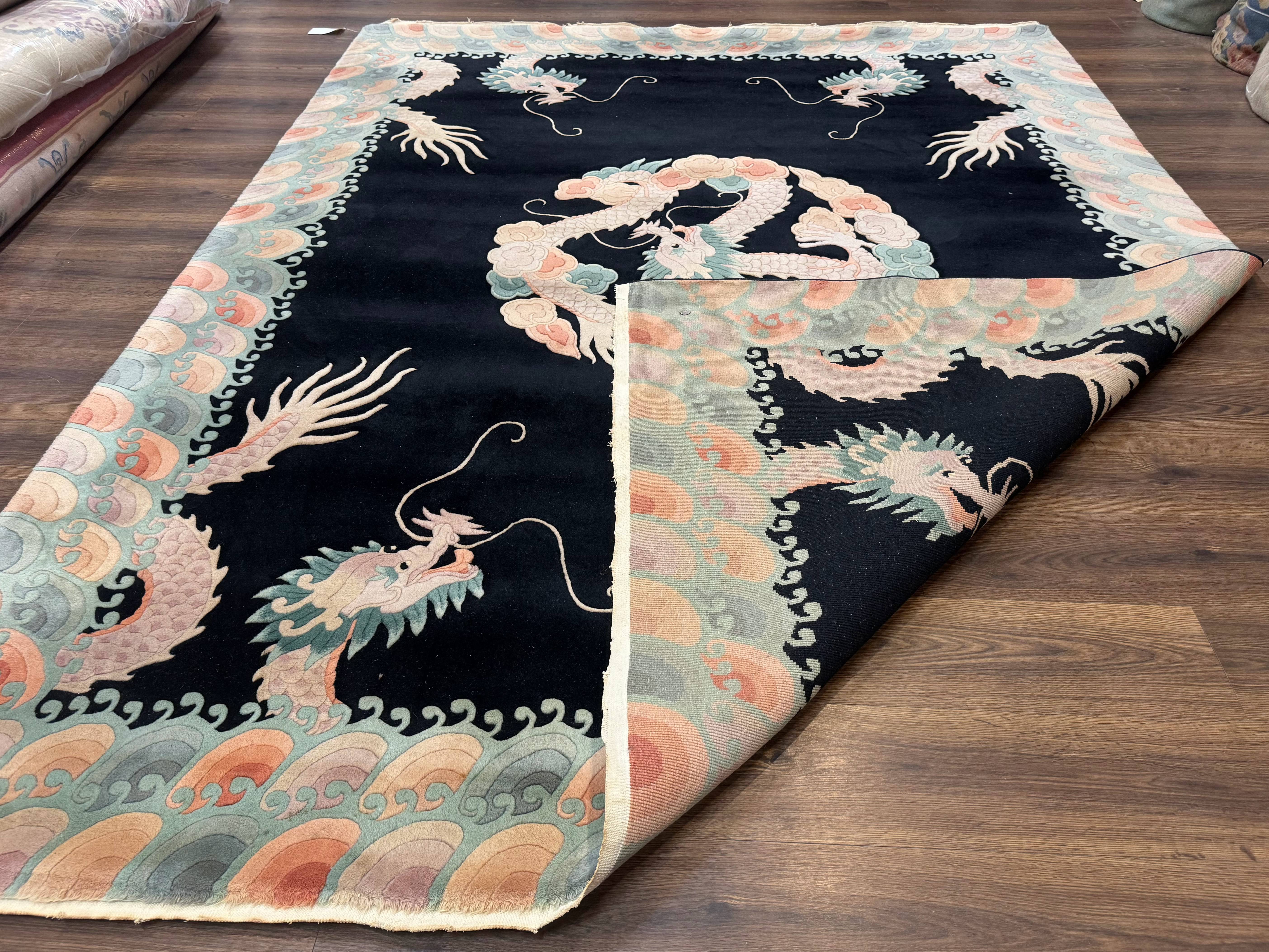 Black Chinese Wool Rug 8x10 with Dragons, Rainbow Borders, Rare - Jewel Rugs