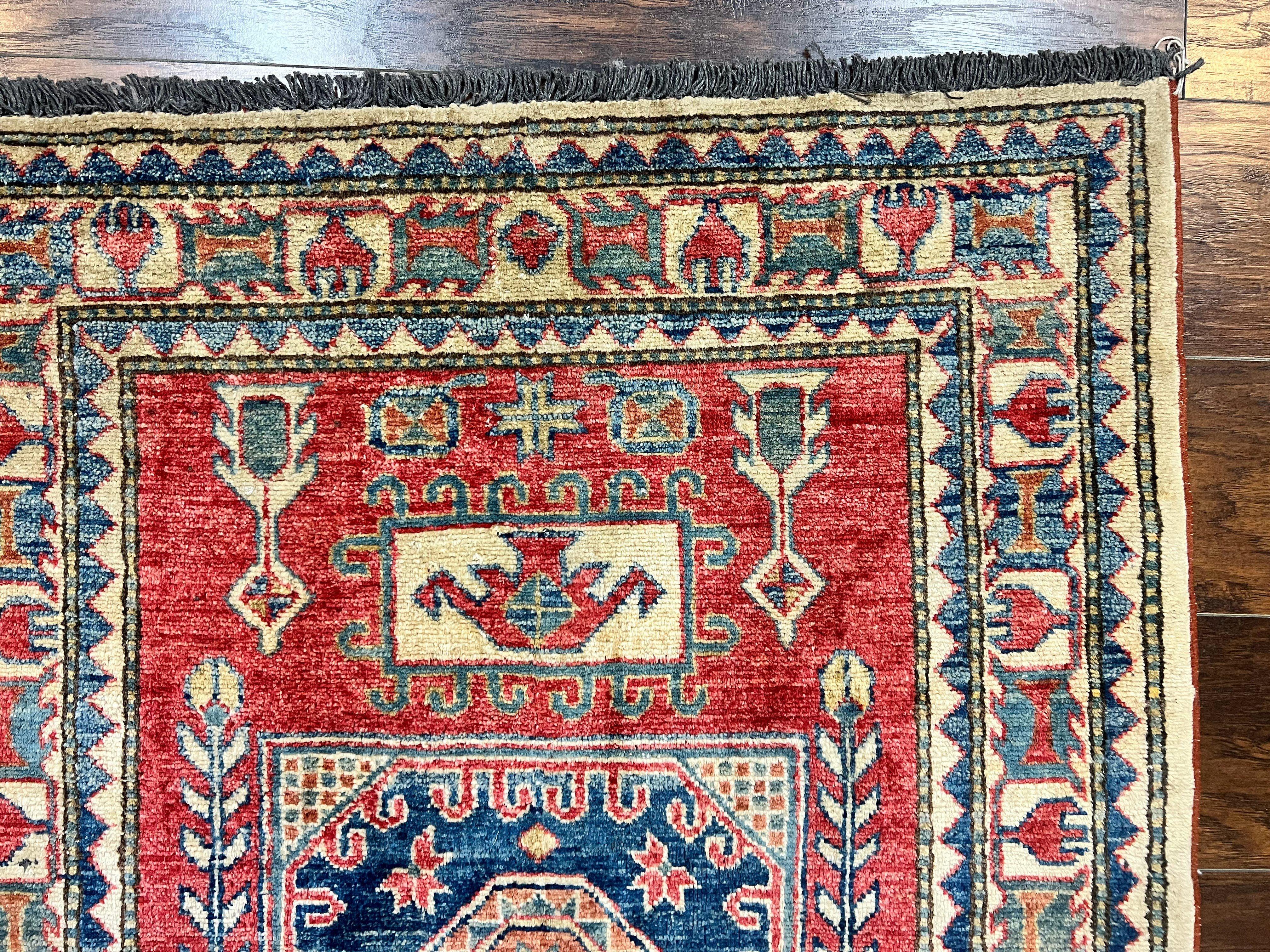 Turkish Kazak Rug 3x4, Wool Hand Knotted Small Vintage Carpet, Red Navy Blue, 3 x 4 Oriental Rug, Geometric Design - Jewel Rugs