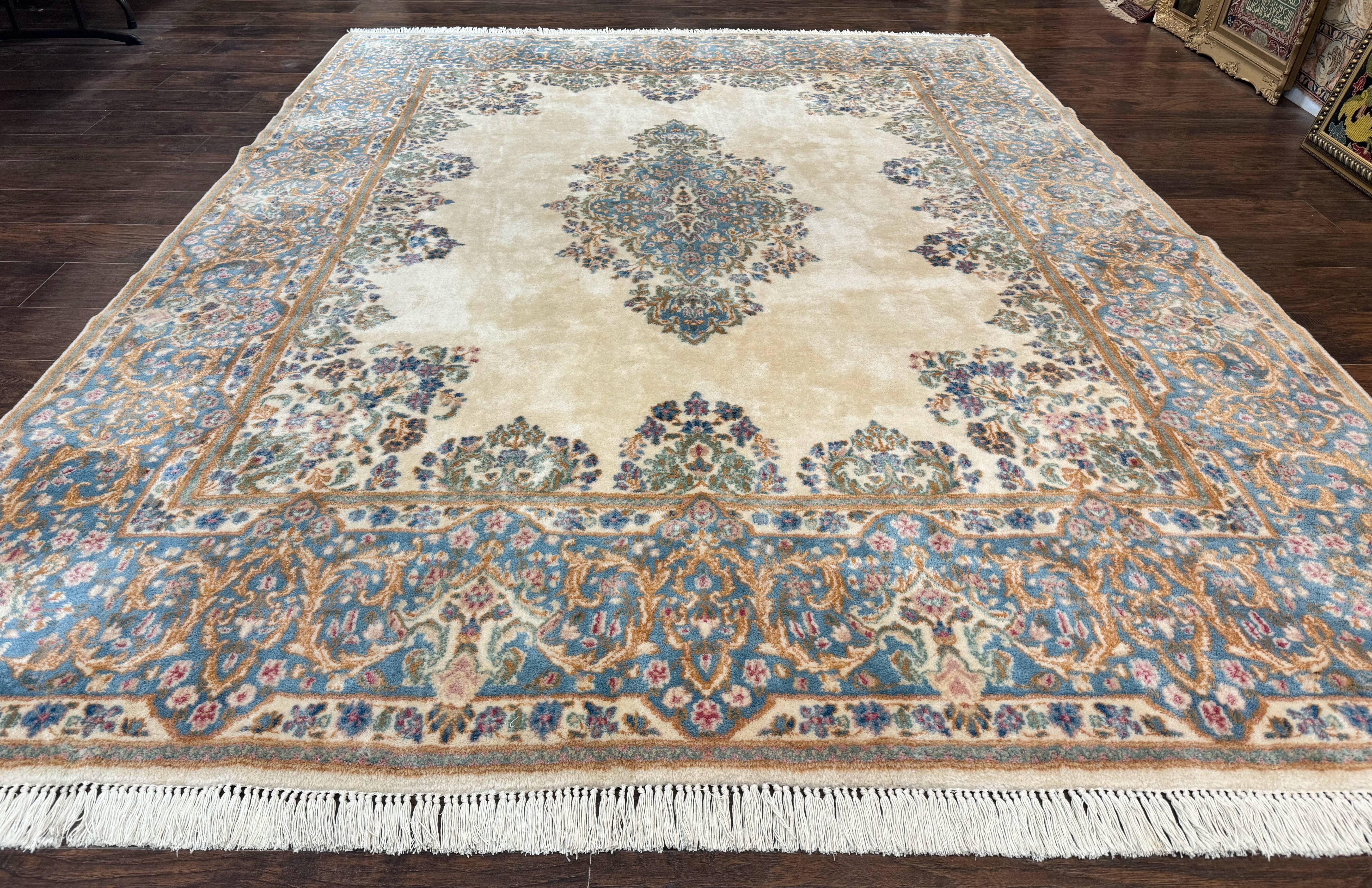 Persian Floral Kirman Rug 8x10, Ivory/Cream and Light Blue, Pastel Colors, Handmade Vintage Wool Carpet, Semi Open Field - Jewel Rugs