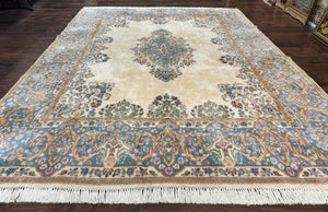 Persian Floral Kirman Rug 8x10, Ivory/Cream and Light Blue, Pastel Colors, Handmade Vintage Wool Carpet, Semi Open Field