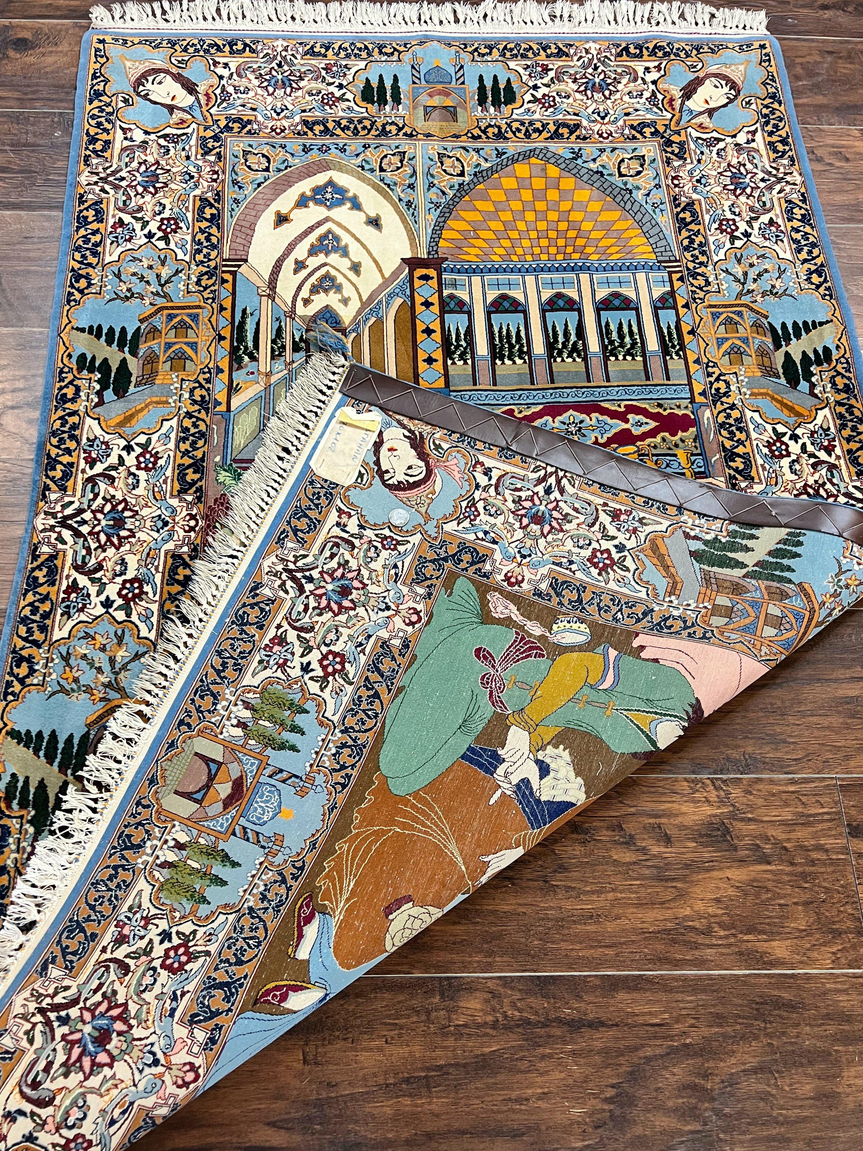 Persian Isfahan Pictoral Rug 3x6, Kork Wool on Silk Foundation, Handmade Vintage Carpet, 550 KPSI Super Fine, Lovers Palace Instruments - Jewel Rugs