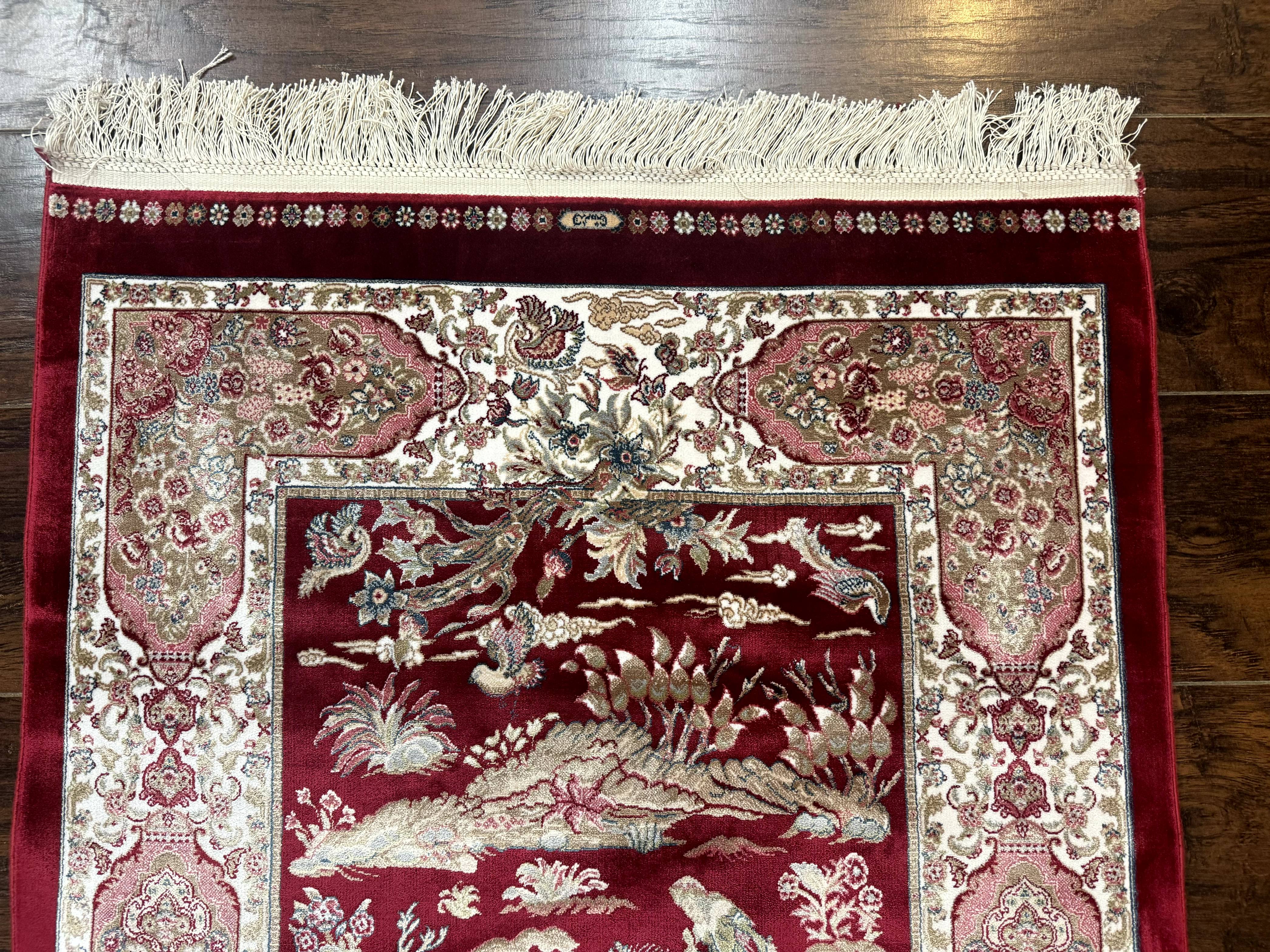 Dark Red Turkish Silk Rug 2.6 x 4, Hunting Design Scene, Bamboo Silk - Jewel Rugs