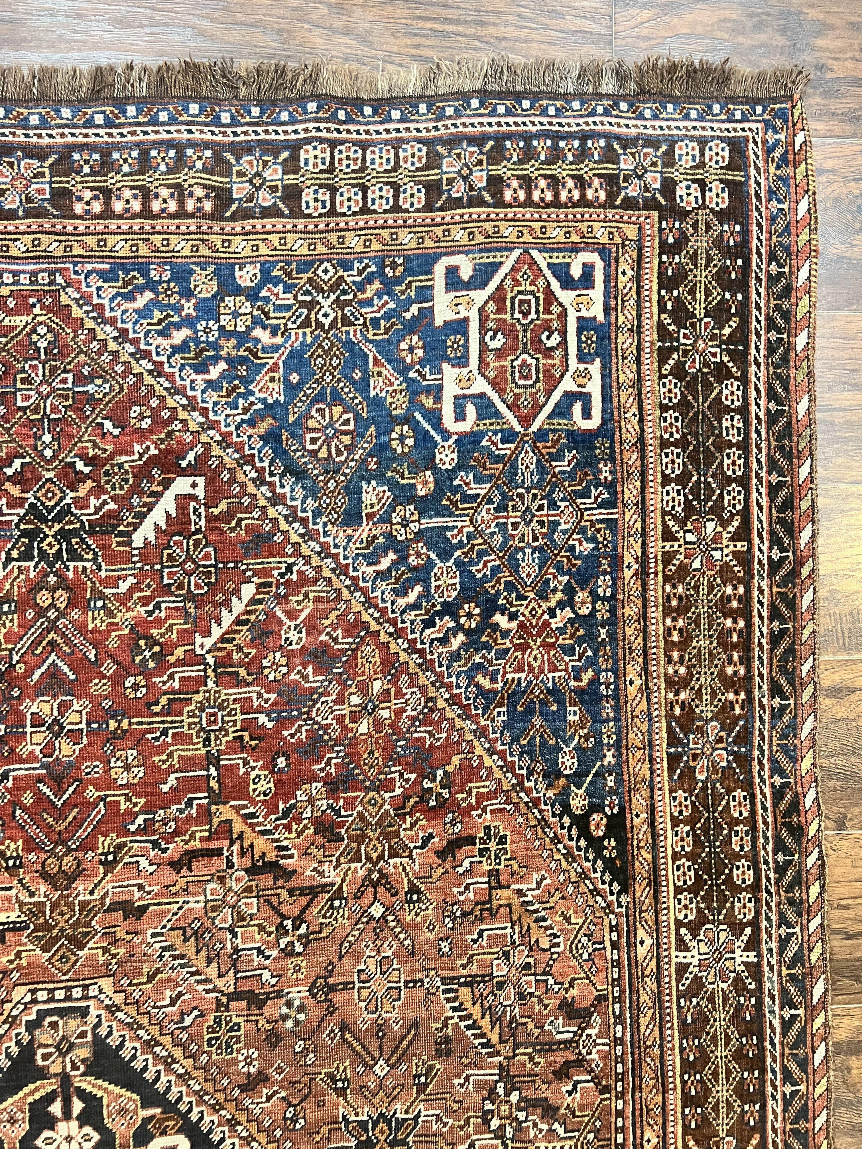 Antique Persian Shiraz Tribal Rug 6x8, Geometric Rug, Wool Handmade Hand Knotted Carpet, Red Blue - Jewel Rugs