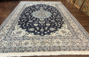 Persian Nain Rug 8x11, Navy Blue and Ivory, Handmade Wool Vintage Carpet, Floral Medallion