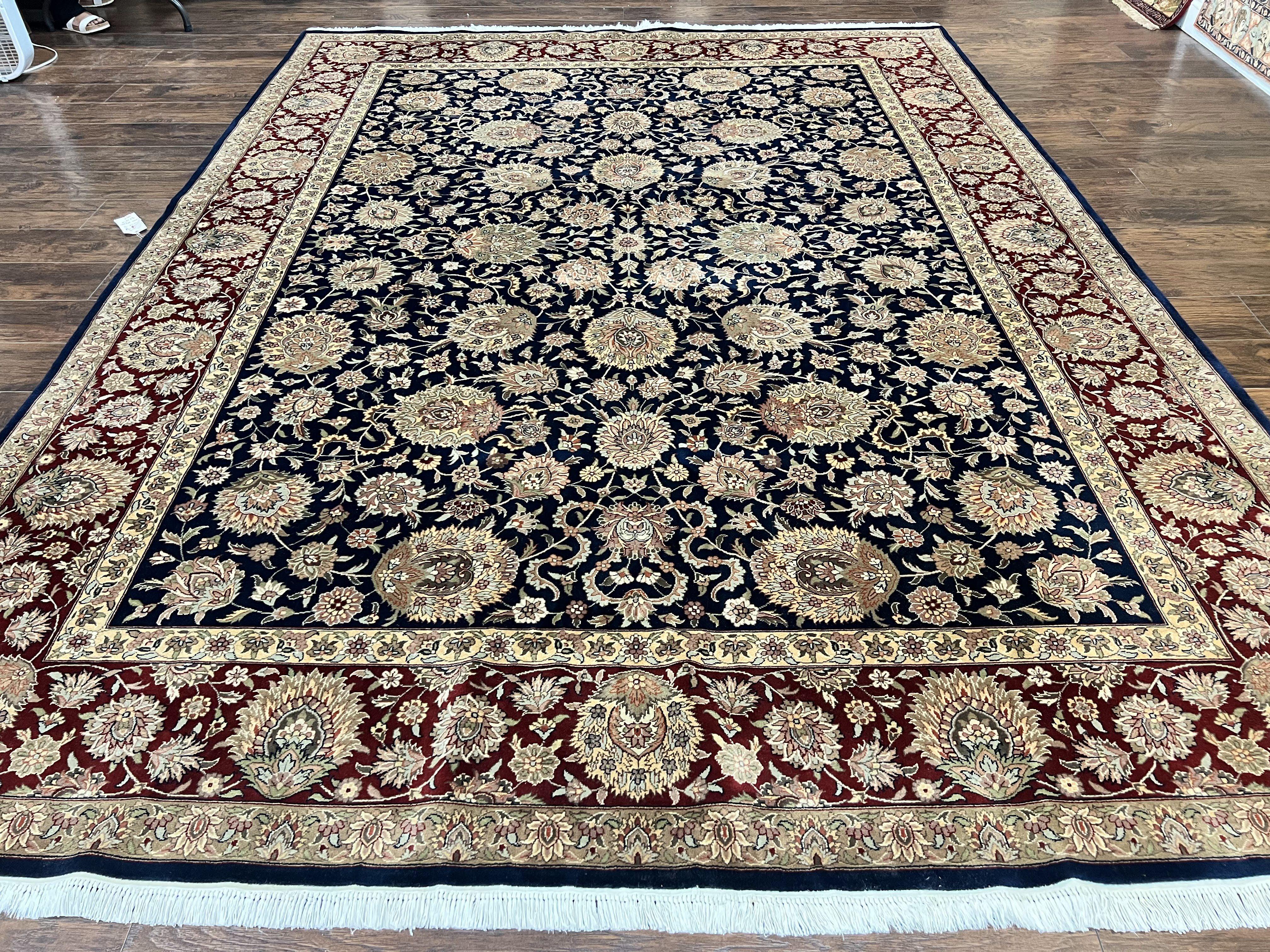 Sino Persian Rug 9x12, Wool Hand Knotted Vintage Oriental Carpet, Navy Blue Floral Allover, Traditional Room Sized 9 x 12 Rug - Jewel Rugs