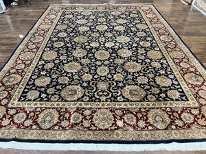 Sino Persian Rug 9x12, Wool Hand Knotted Vintage Oriental Carpet, Navy Blue Floral Allover, Traditional Room Sized 9 x 12 Rug